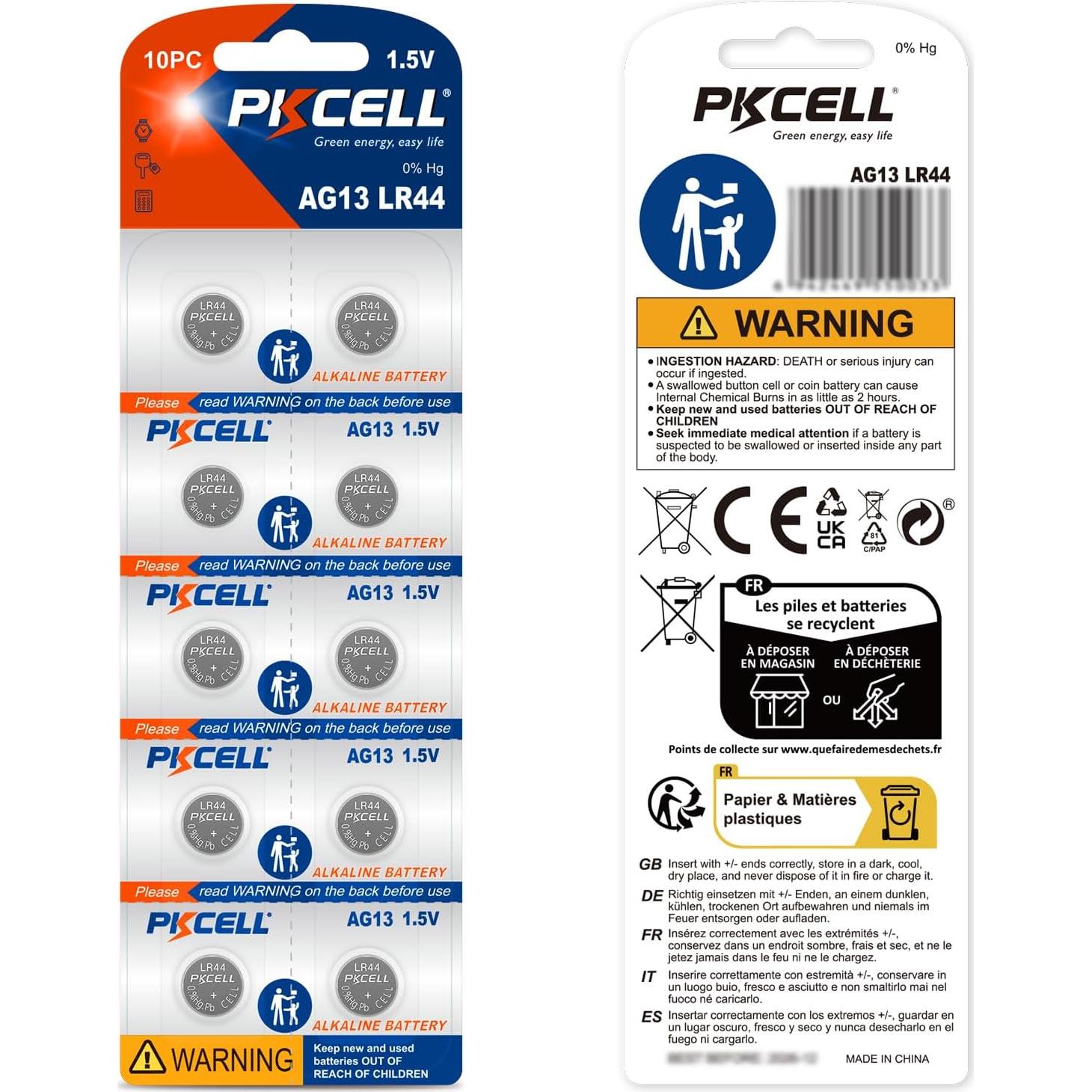 Baterías Alcalinas PKCELL LR44 1.5V - Paquete de 10 Unidades