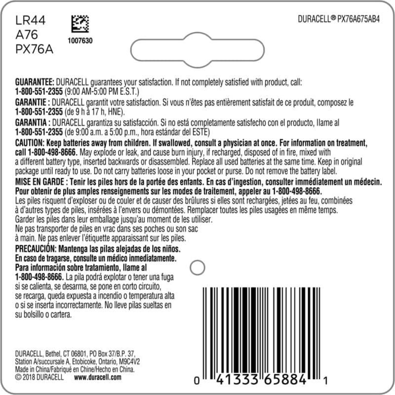 Baterías Alcalinas Duracell 76A 1.5V Paquete de 4