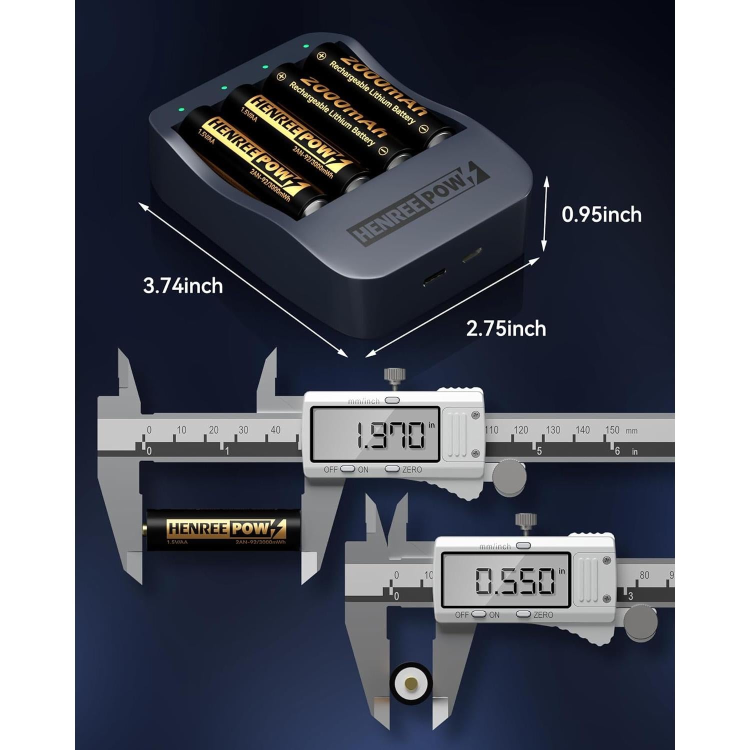 Baterías Recargables AA 1.5V Henreepow 3000mWh - Paquete de 4
