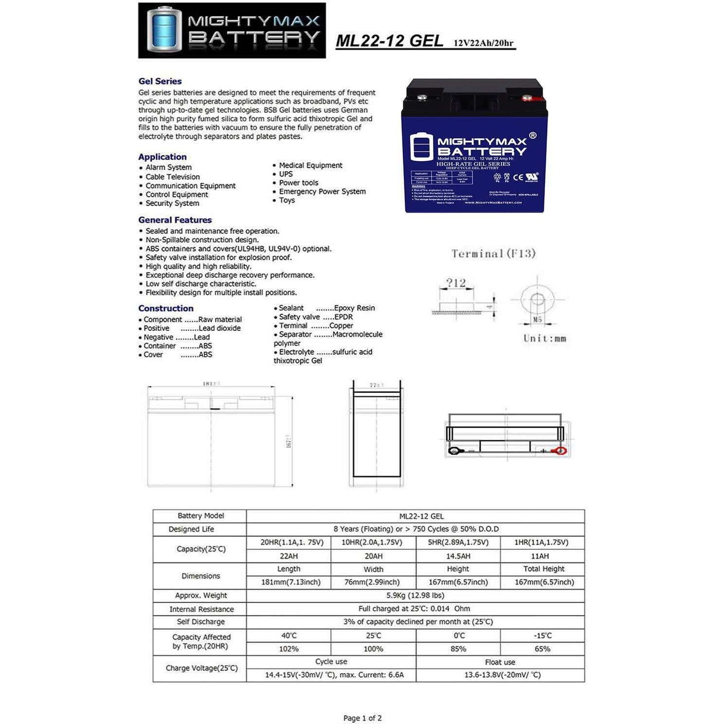 Batería GEL 12V 22AH Mighty Max ML22-12GEL45 Sin Mantenimiento