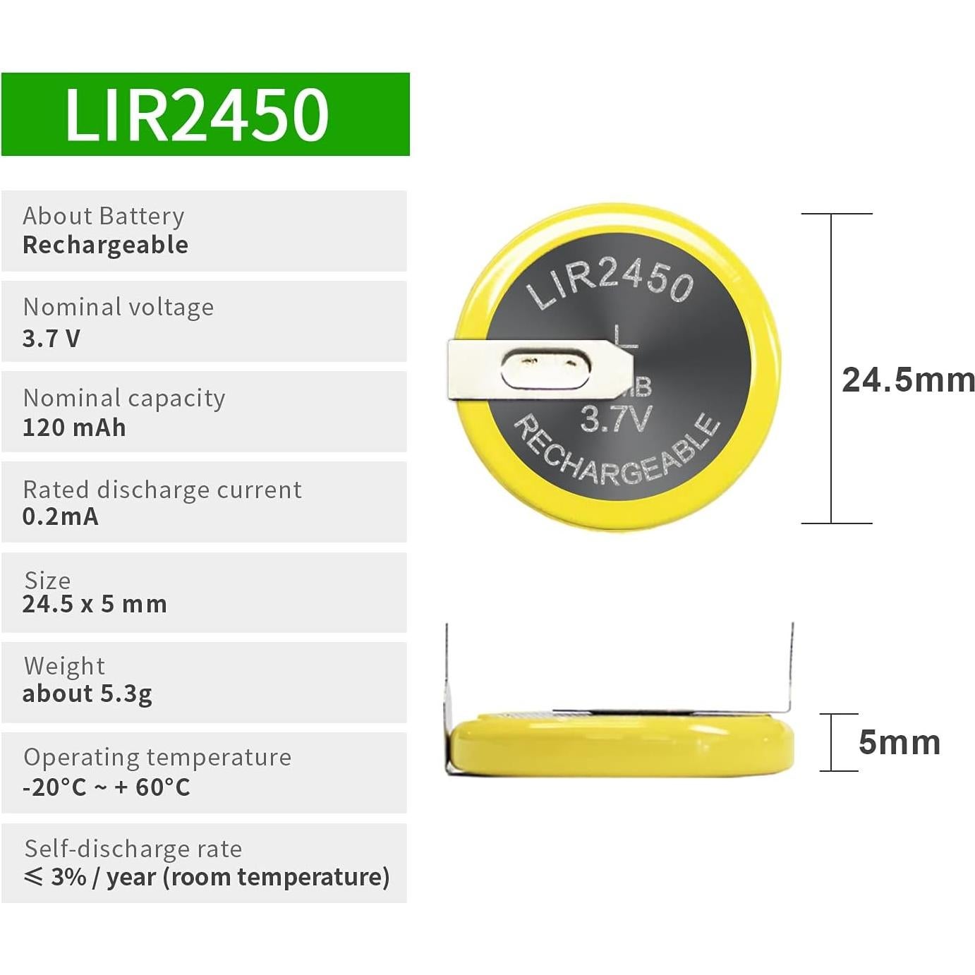 Batería Recargable LIR2450 EEMB 120mAh 3.7V x5 con Pestañas