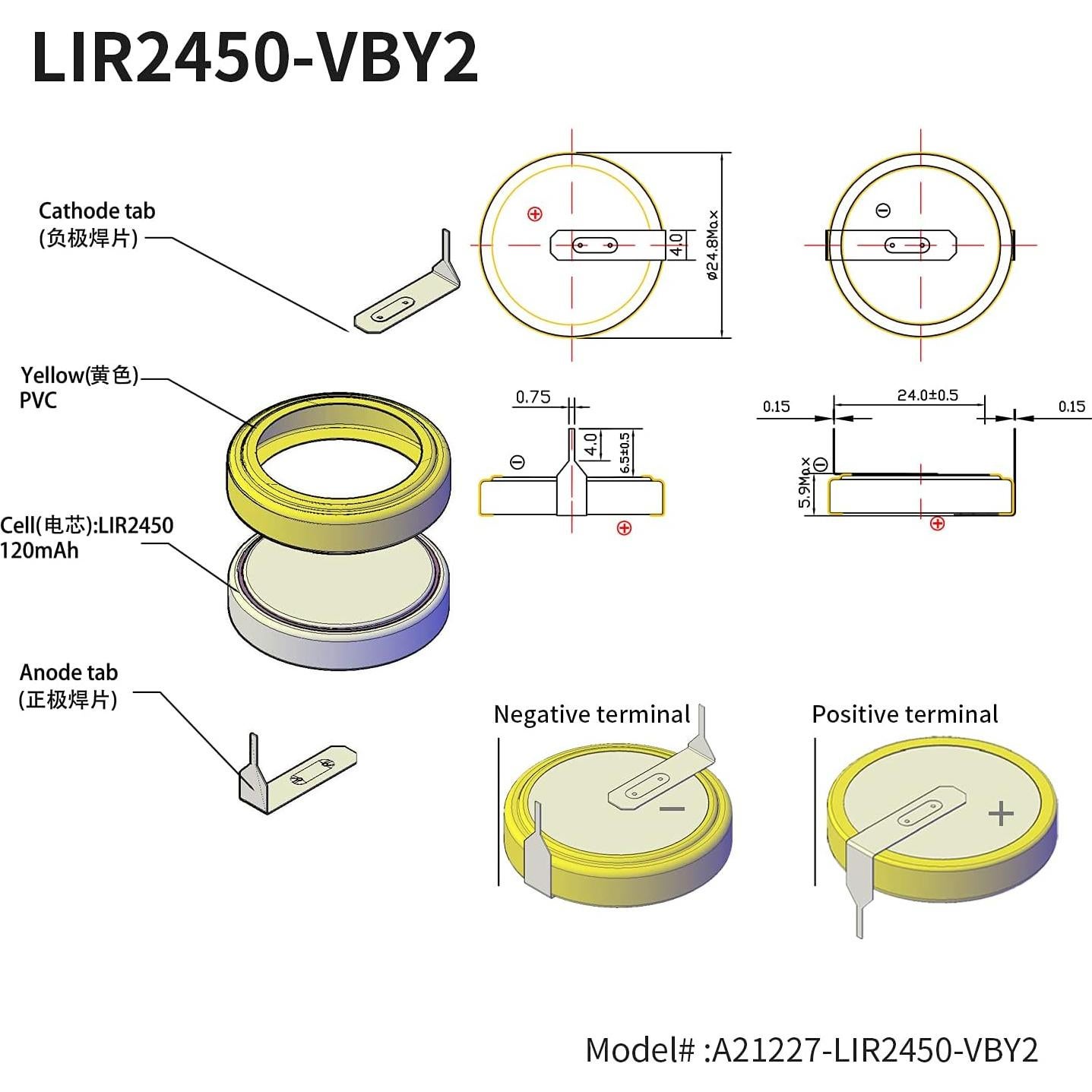 Batería Recargable LIR2450 EEMB 120mAh 3.7V x5 con Pestañas