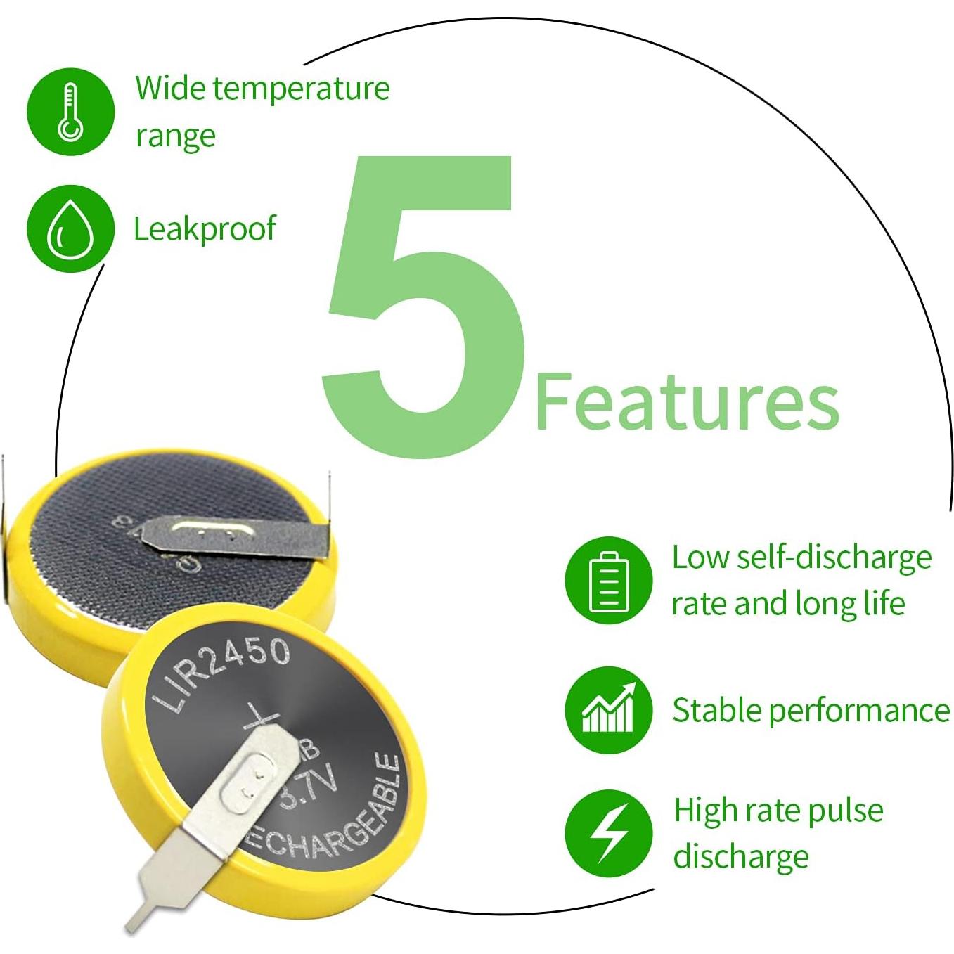 Batería Recargable LIR2450 EEMB 120mAh 3.7V x5 con Pestañas