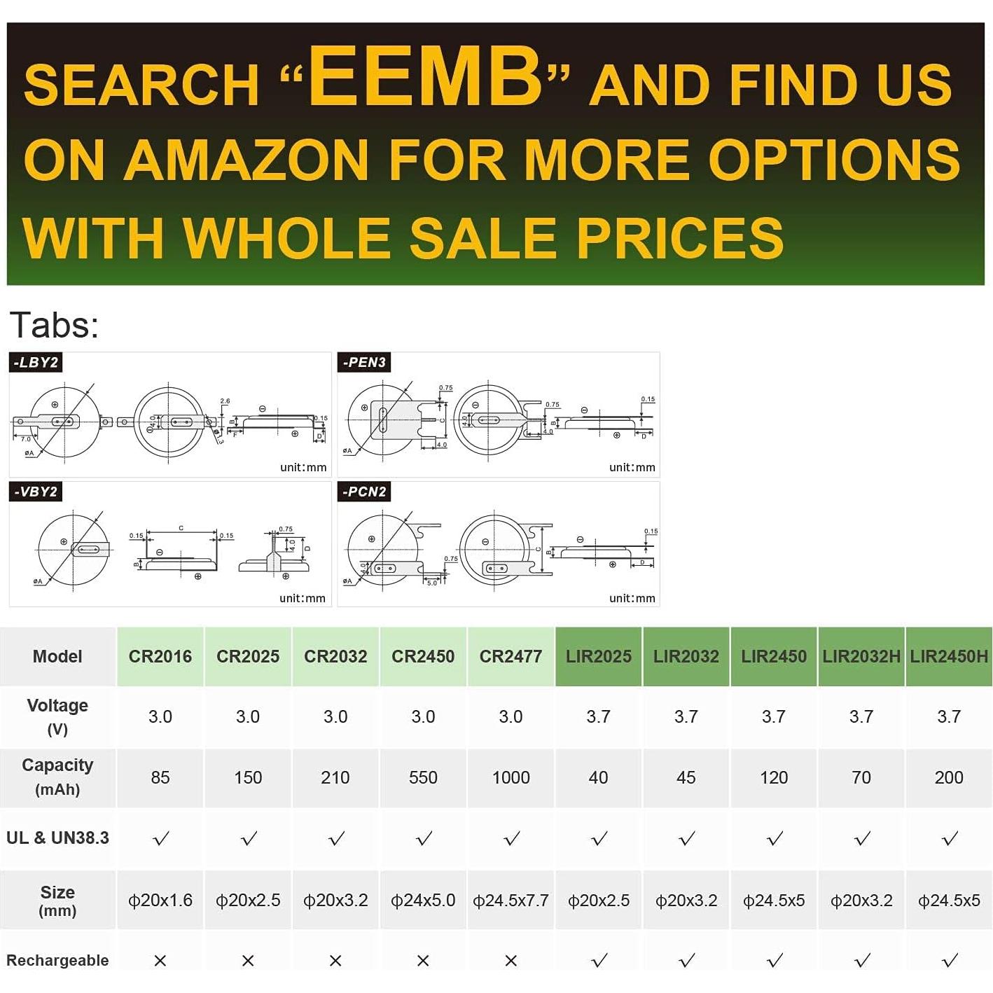 Batería recargable EEMB LIR2450 3.7V 120mAh 5.3g