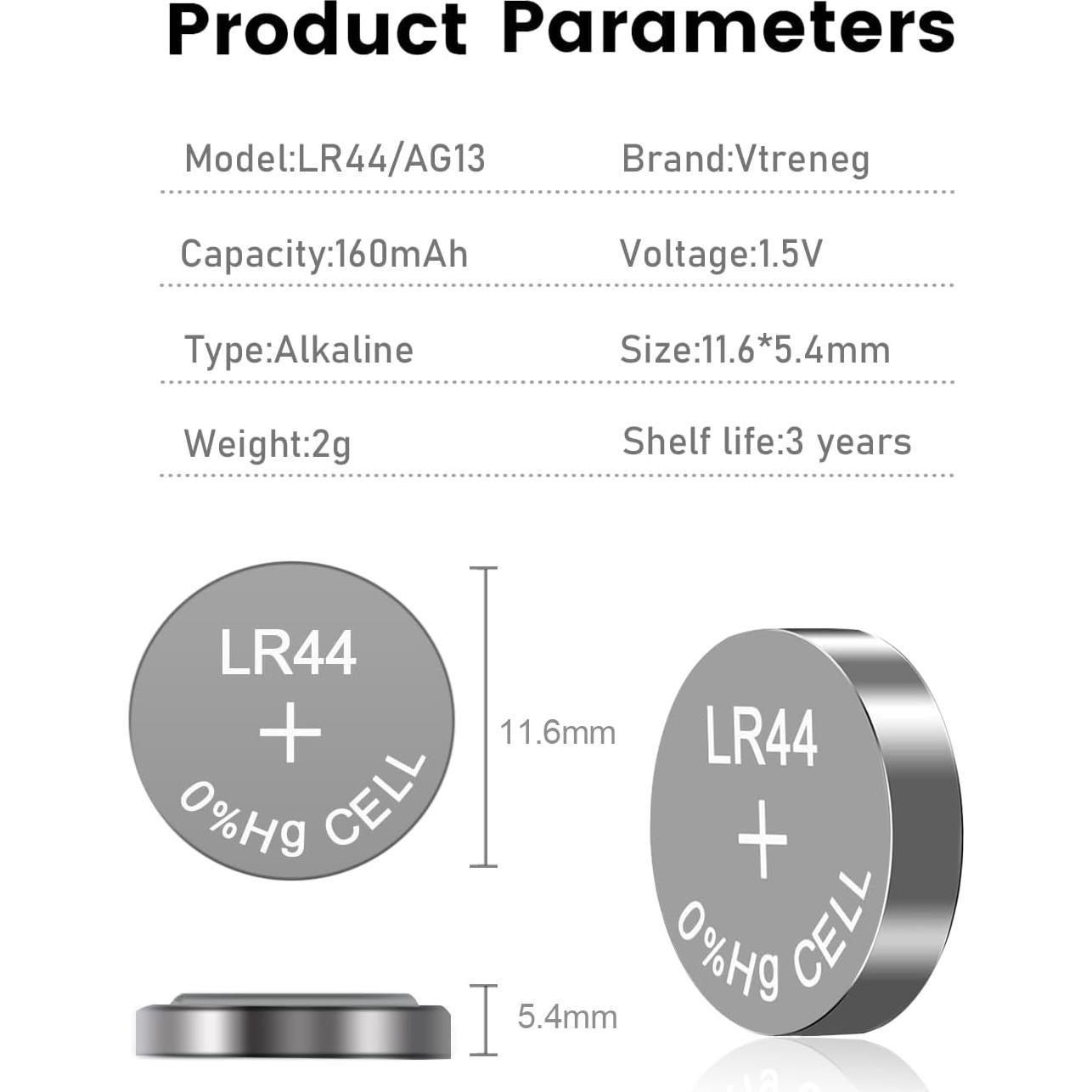 Paquete de 20 Baterías LR44 Alcalinas Vtreneg 1.5V para Juguetes