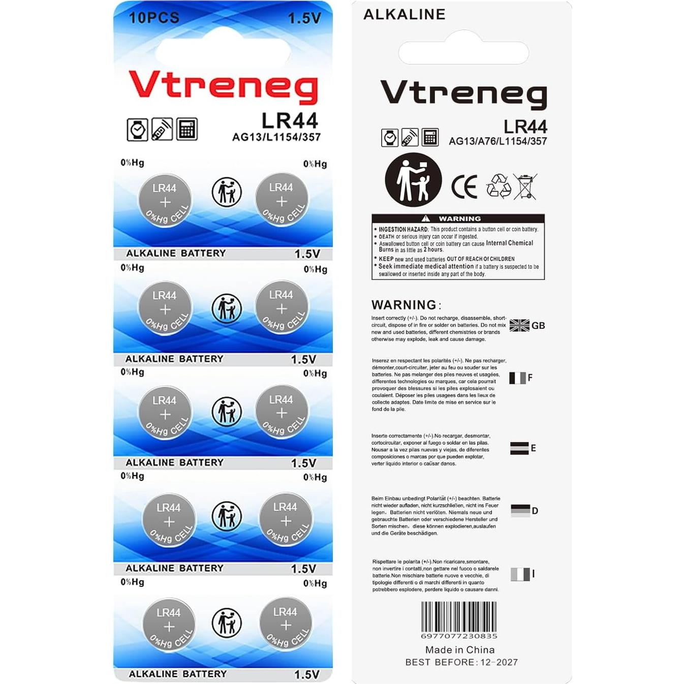 Paquete de 20 Baterías LR44 Alcalinas Vtreneg 1.5V para Juguetes