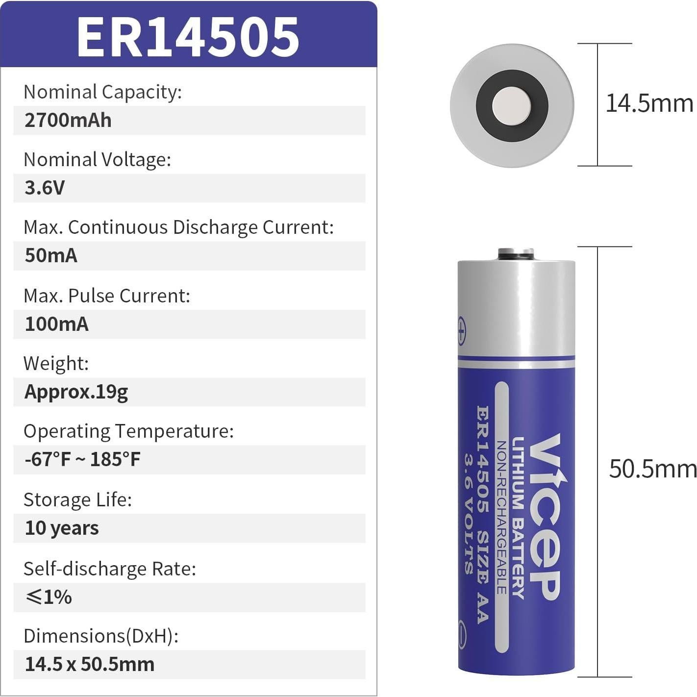 Paquete de 6 Baterías ER14505 3.6V AA Litio 2700mAh ViCep