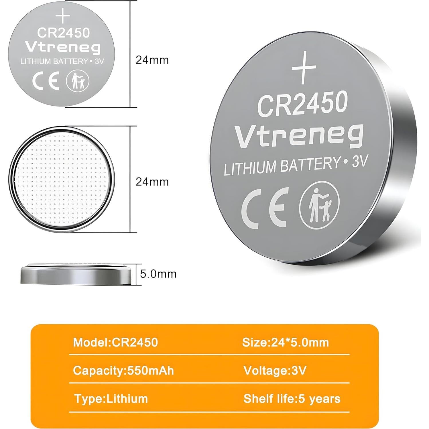 Paquete de 20 Baterías CR2450 VTRENEG 3V Alta Capacidad