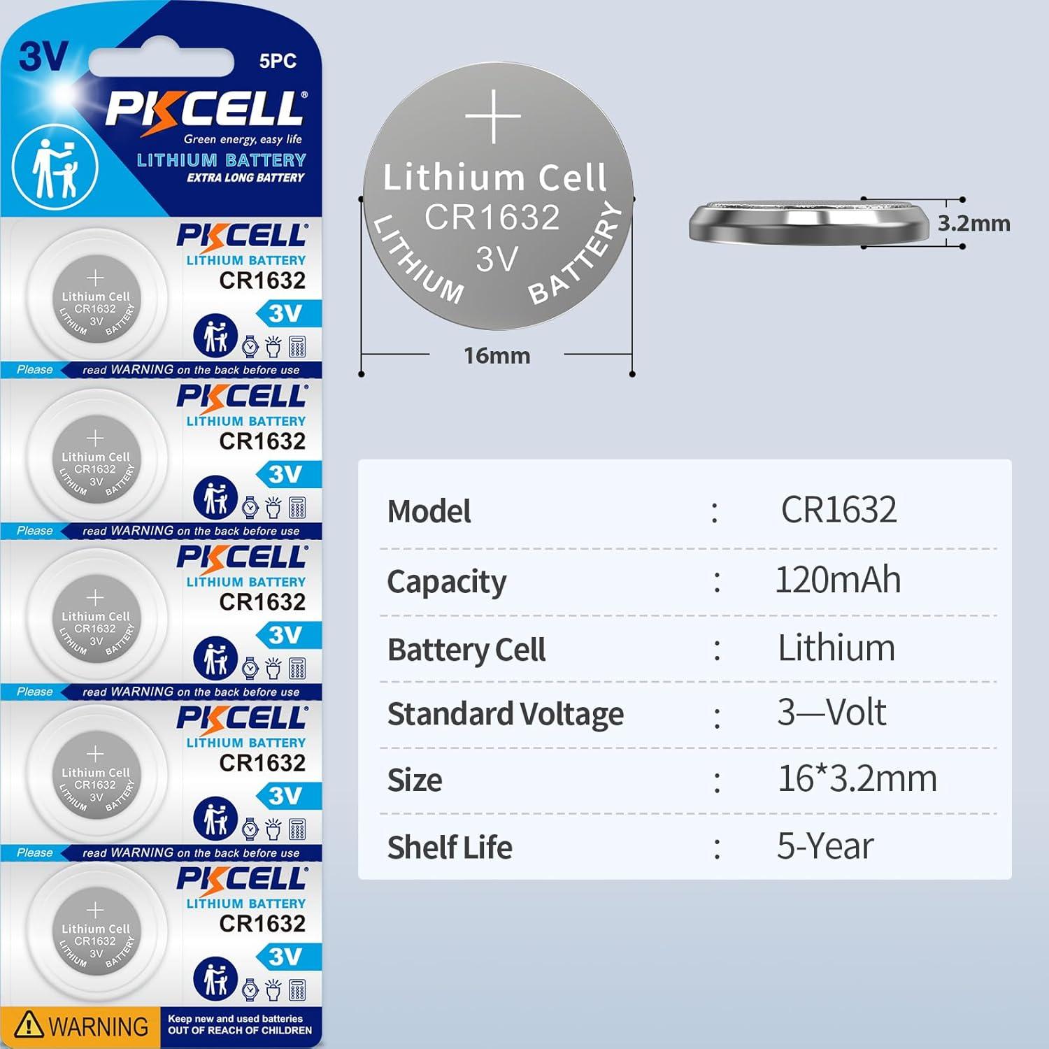 Batería de Litio PKCELL CR1632 3V - Paquete de 5 Unidades