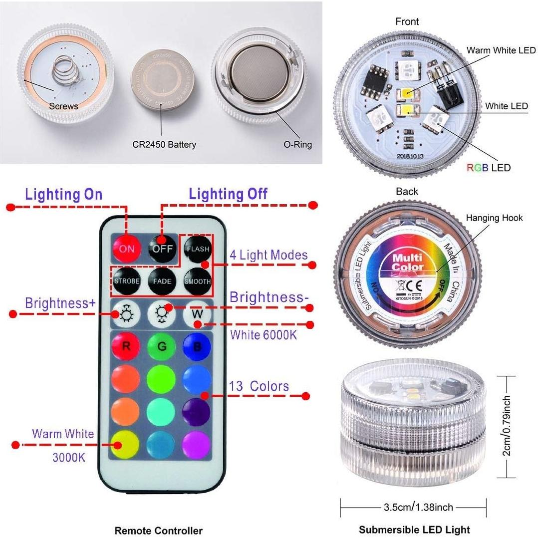 Luces LED Mini Sumergibles KUCAM con Control Remoto RGB - Paquete de 10