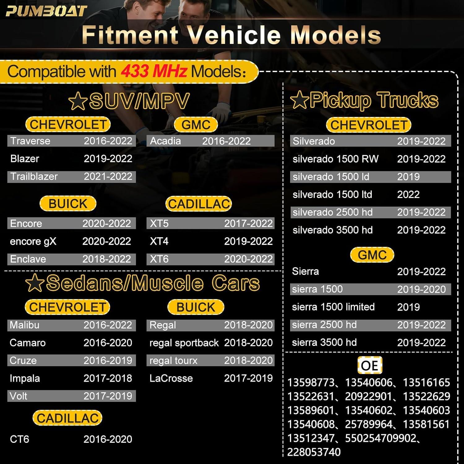 Sensor TPMS Preprogramado Pumboat 433MHz para GM 4 PCS