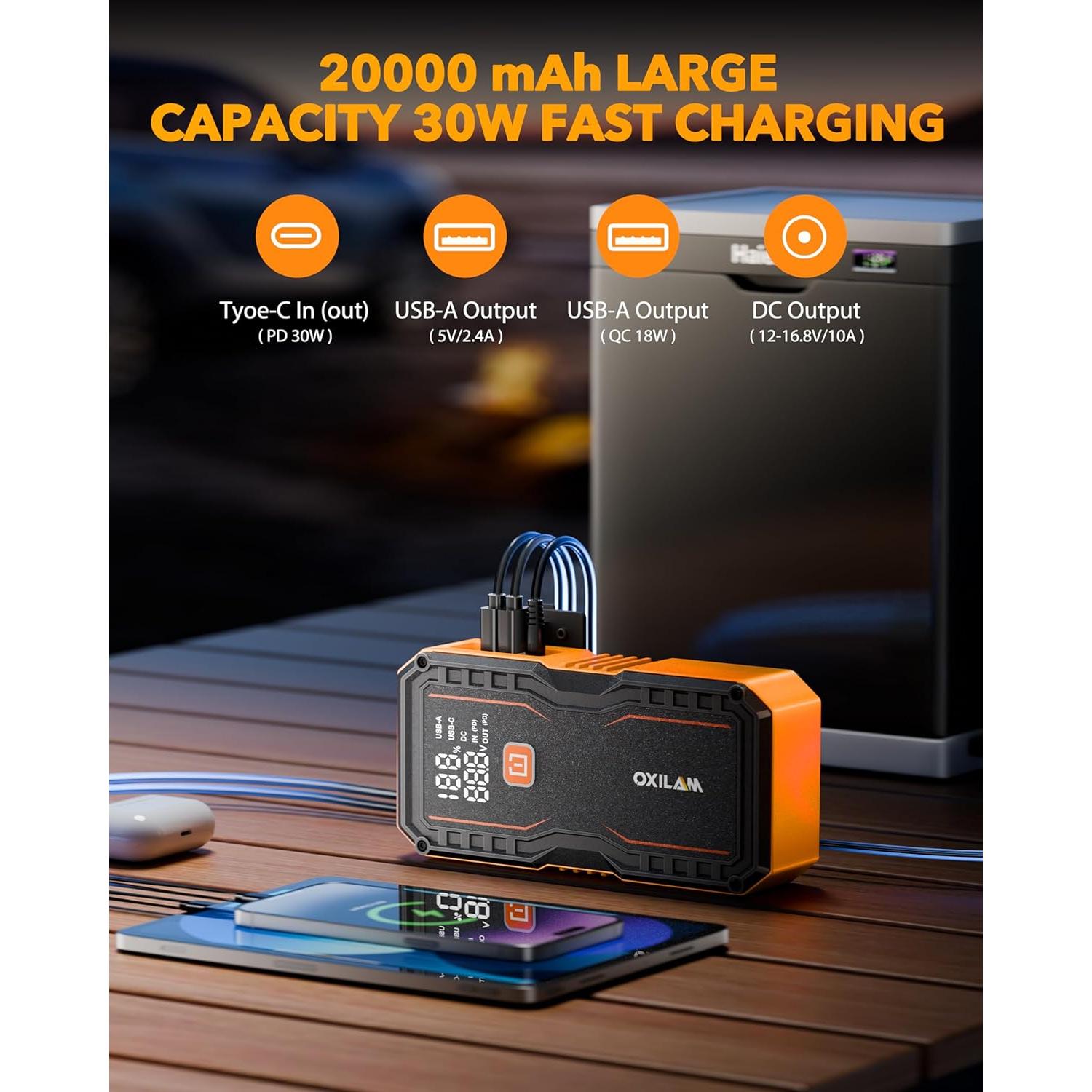 Arrancador de Salto OXILAM 20000mAh 9000A para Motores