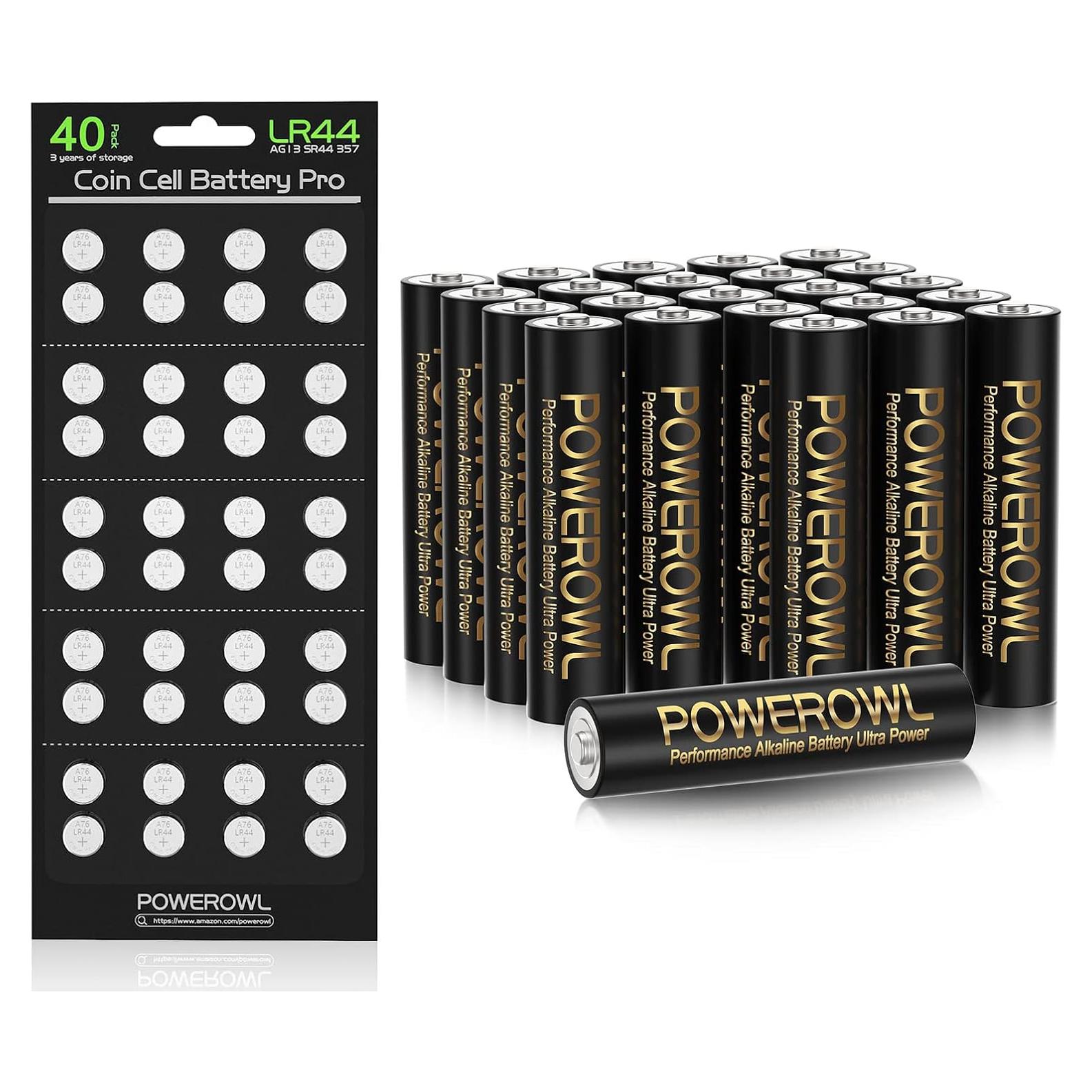 Baterías Alcalinas AA POWEROWL 24 Unidades + LR44 40 Unidades