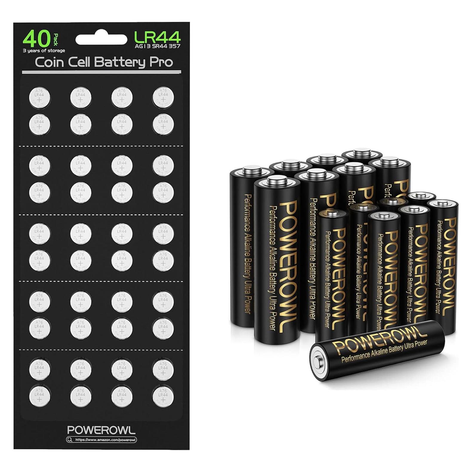 Baterías LR44 POWEROWL 40 unidades + 16 AA AAA alcalinas