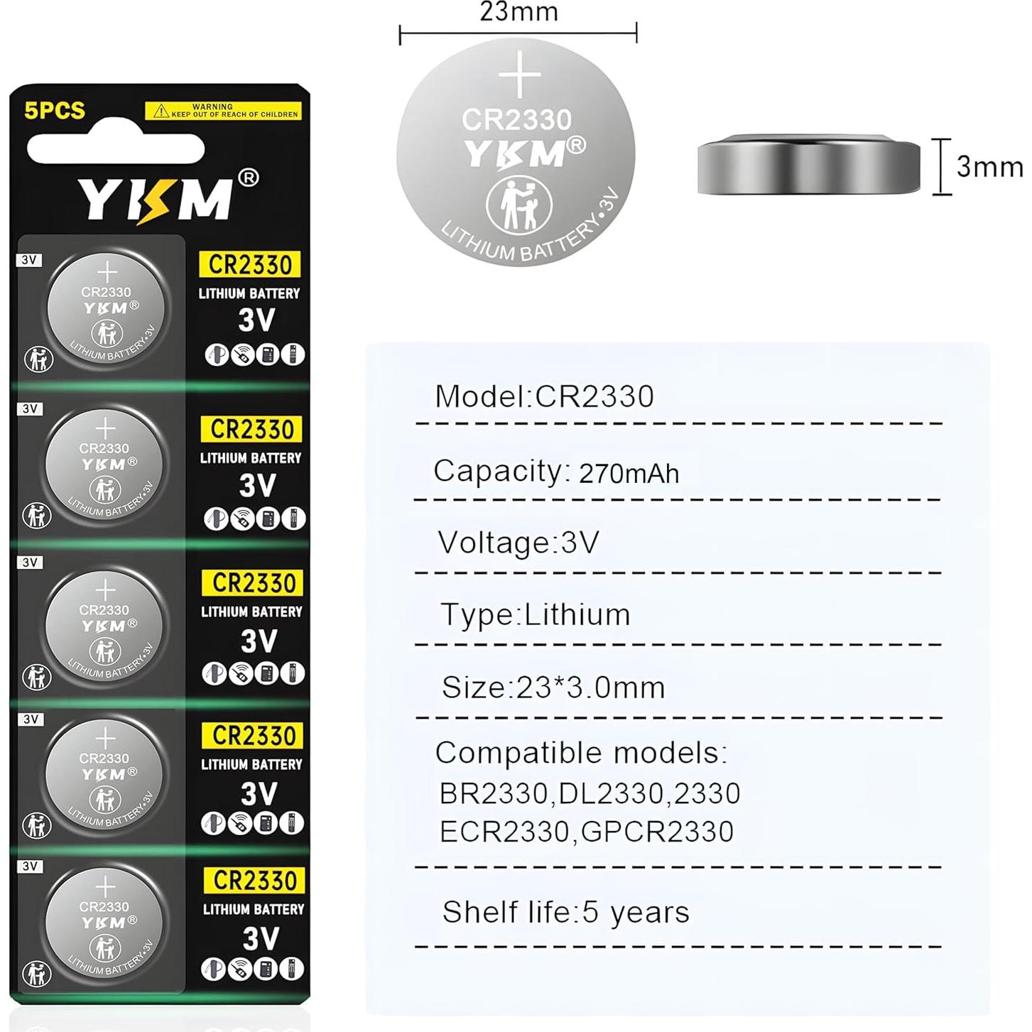 Paquete de 5 Baterías de Litio YKM CR2330 3V para Control Remoto