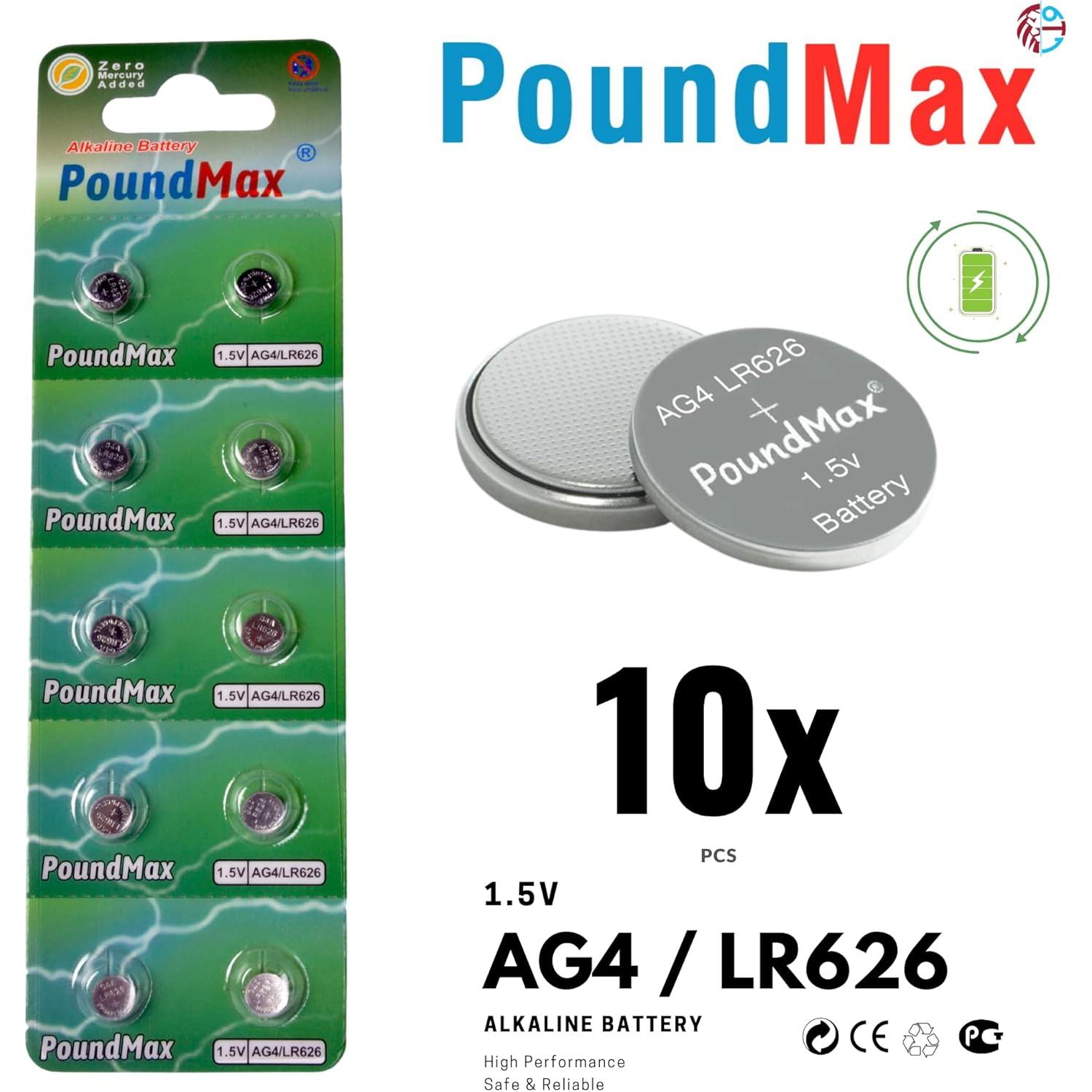 Baterías Alcalinas PoundMax AG4 LR626 1.5V - Paquete de 10