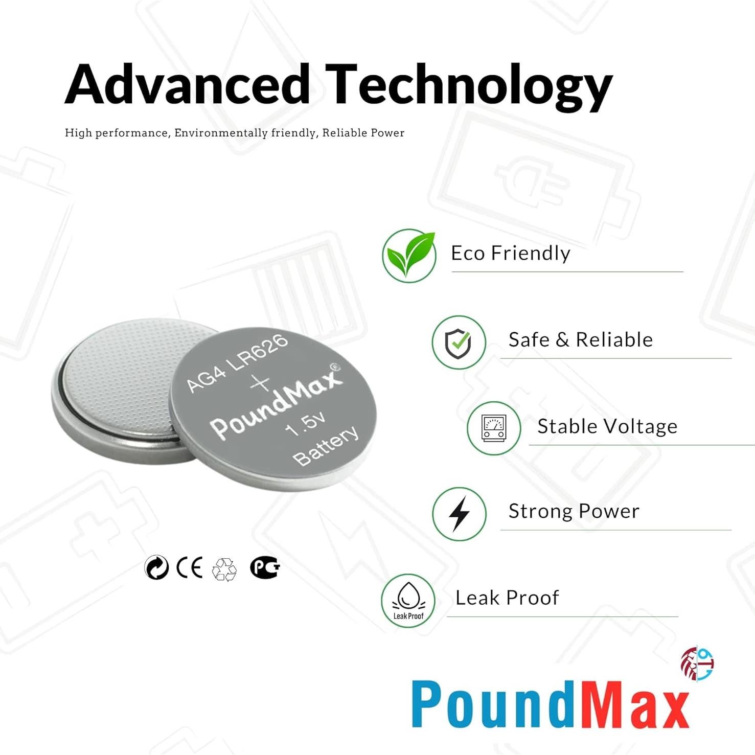 Baterías Alcalinas PoundMax AG4 LR626 1.5V - Paquete de 10