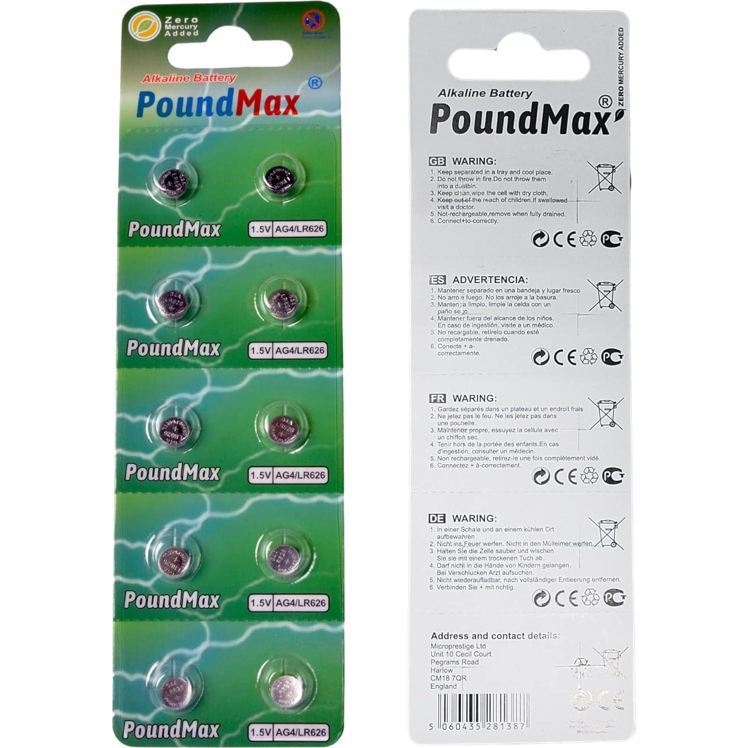 Baterías Alcalinas PoundMax AG4 LR626 1.5V - Paquete de 10