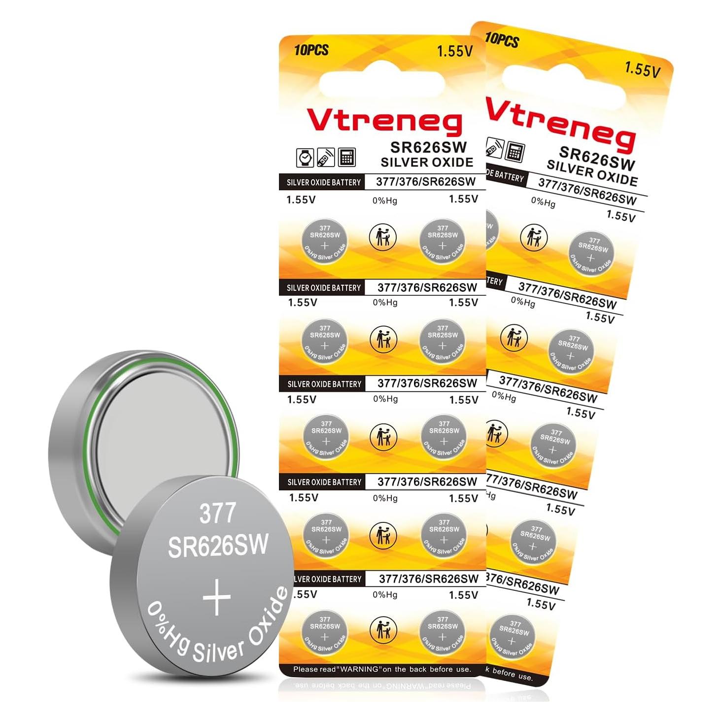Paquete de 20 Baterías de Reloj Vtreneg SR626SW 1.55V