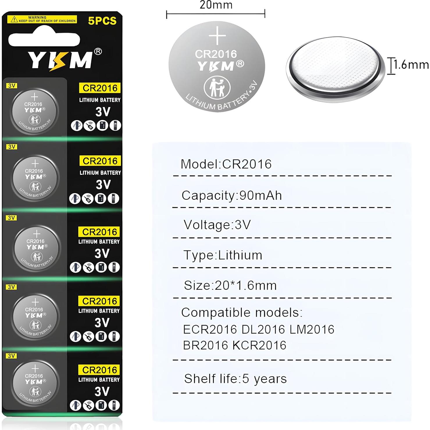 Baterías de Litio YKM CR2016 40 Pack 3V para Reloj y Control Remoto