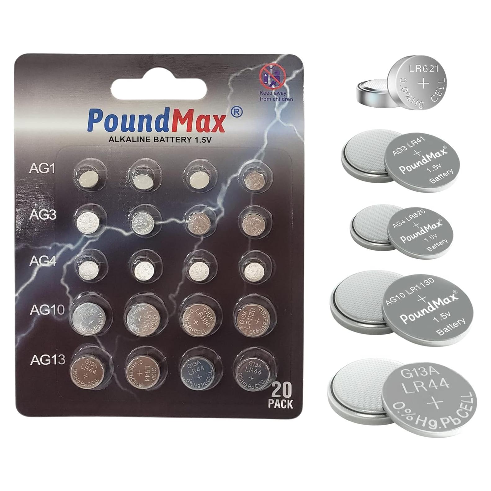 Baterías Alcalinas PoundMax AG1 AG3 AG4 AG10 AG13 20 Unidades