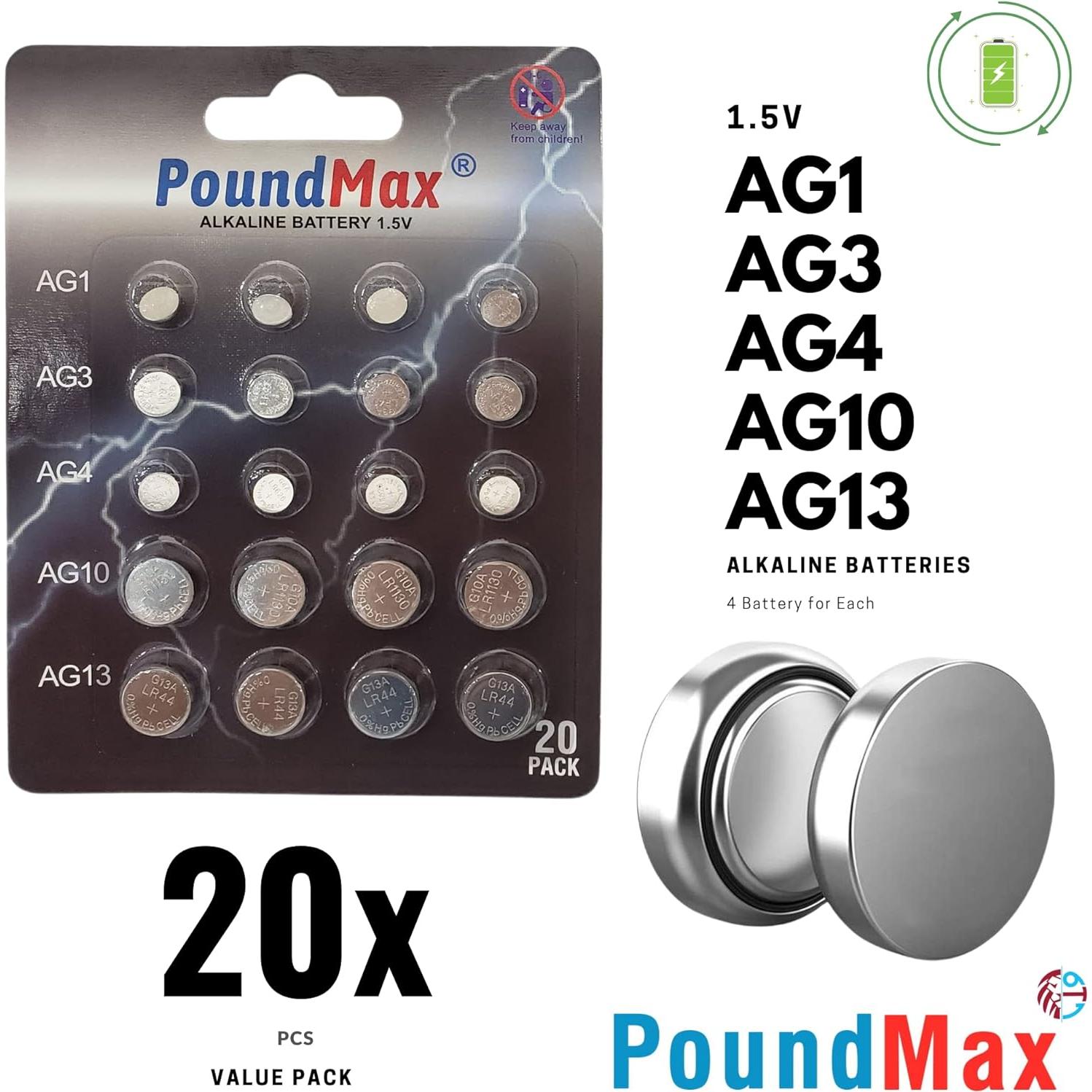 Baterías Alcalinas PoundMax AG1 AG3 AG4 AG10 AG13 20 Unidades