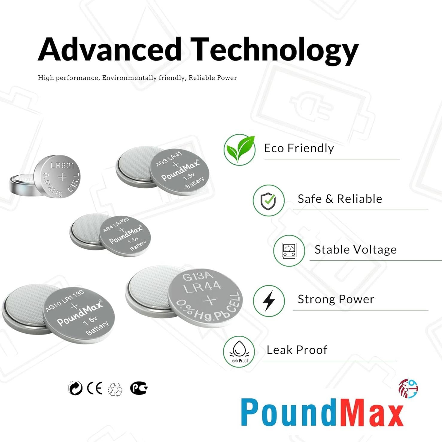 Baterías Alcalinas PoundMax AG1 AG3 AG4 AG10 AG13 20 Unidades