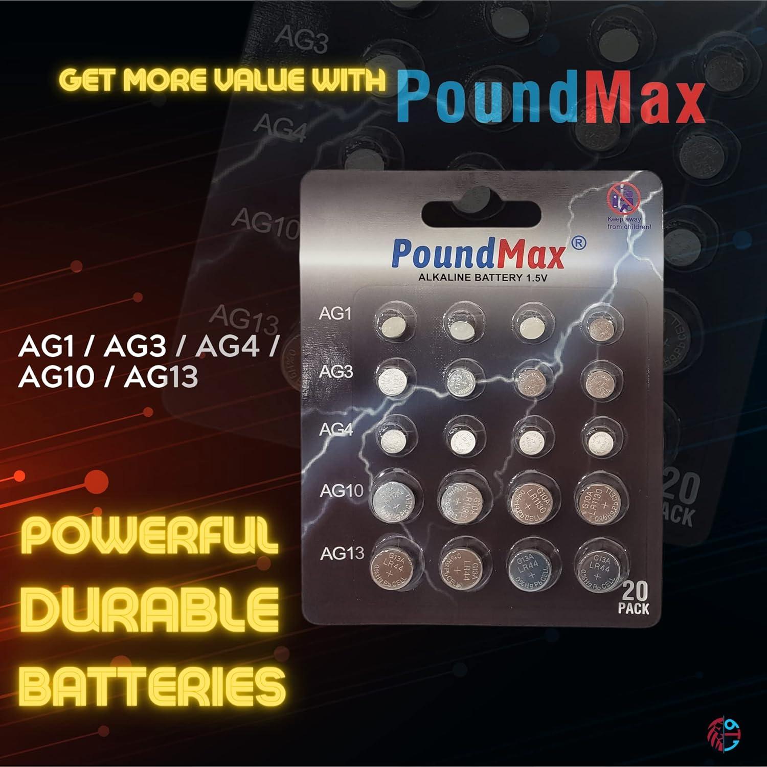 Baterías Alcalinas PoundMax AG1 AG3 AG4 AG10 AG13 20 Unidades