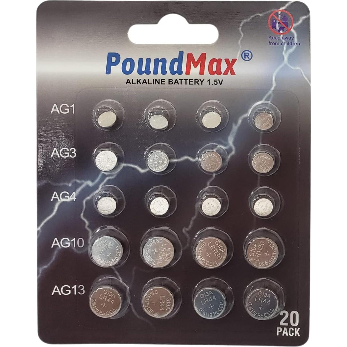 Baterías Alcalinas PoundMax AG1 AG3 AG4 AG10 AG13 20 Unidades