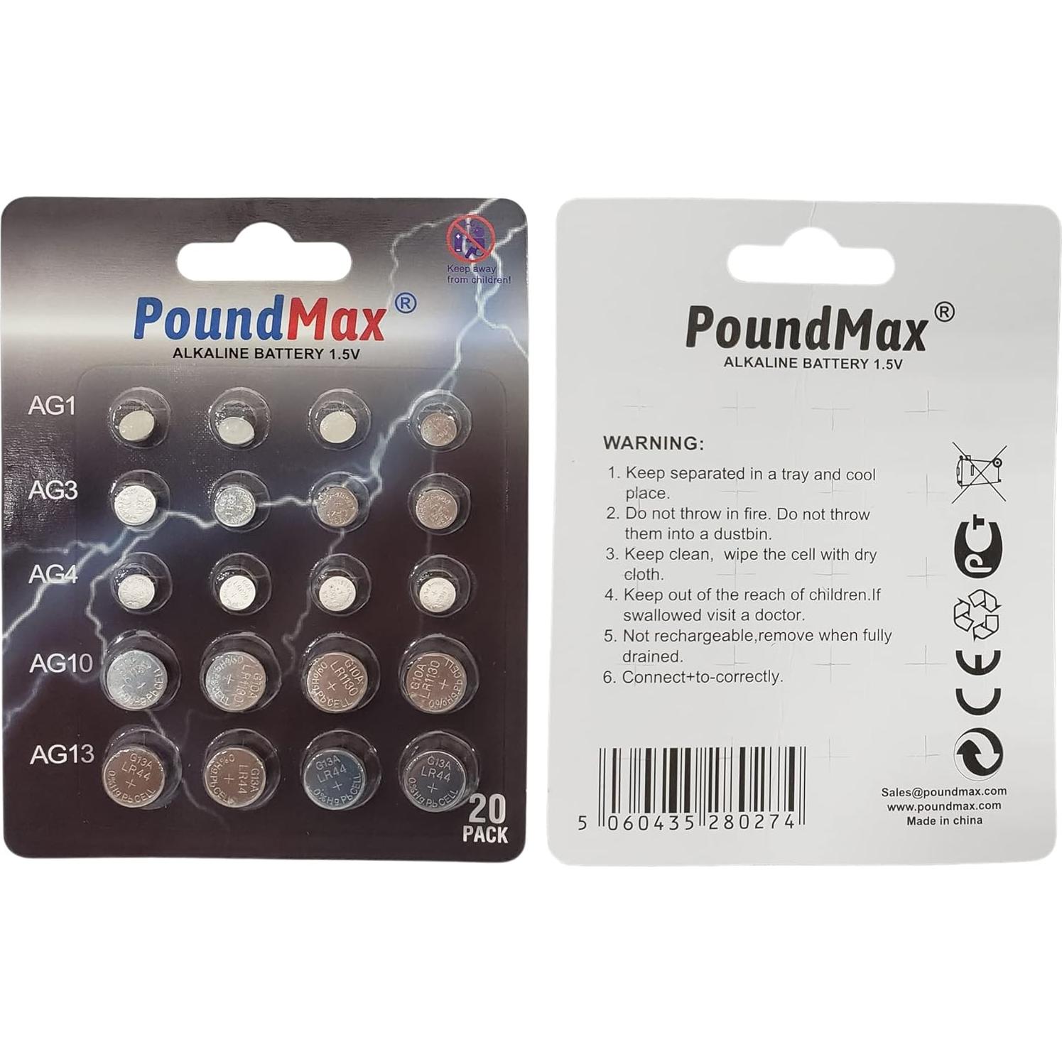 Baterías Alcalinas PoundMax AG1 AG3 AG4 AG10 AG13 20 Unidades