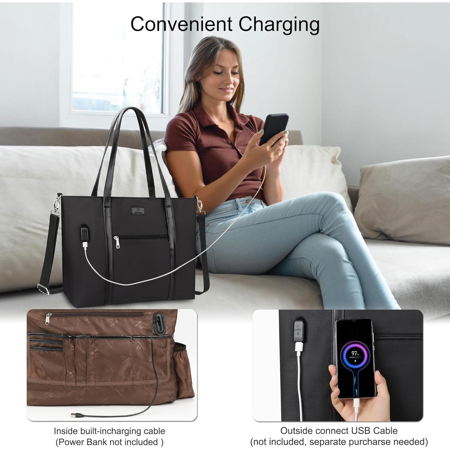 Bolsa Tote para Laptop 17" Impermeable USB Nylon Mujer