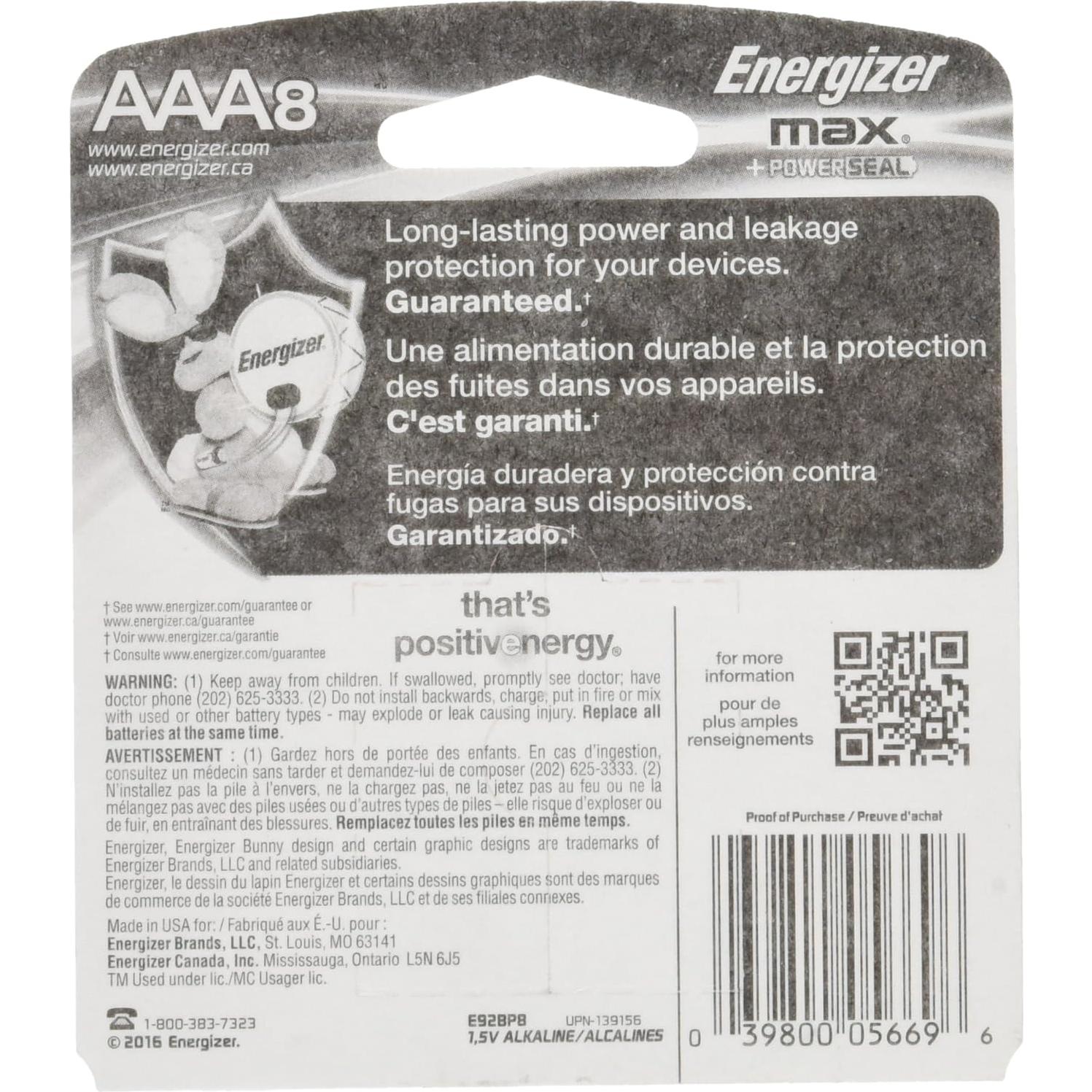 Baterías Alcalinas AAA Energizer Max E92BP-8 - 8 Unidades