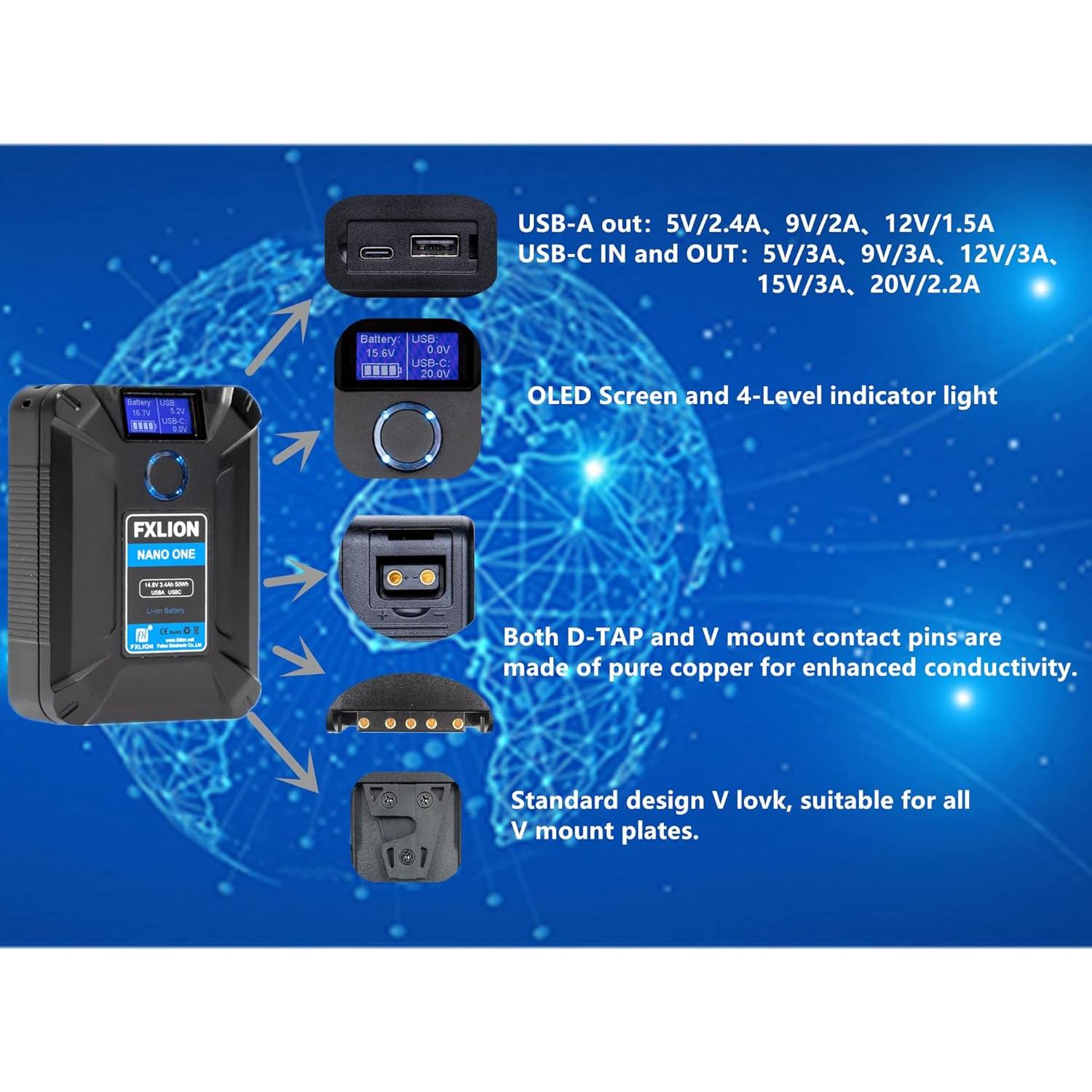 Batería V Mount FXLION NANO ONE 3400mAh 50Wh con USB