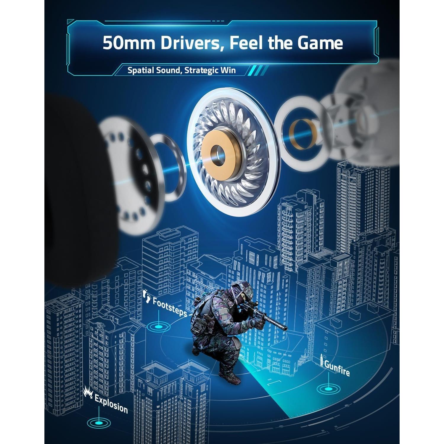 Auriculares Gaming Inalámbricos HW20 - 50mm, Bluetooth 5.4, 50H