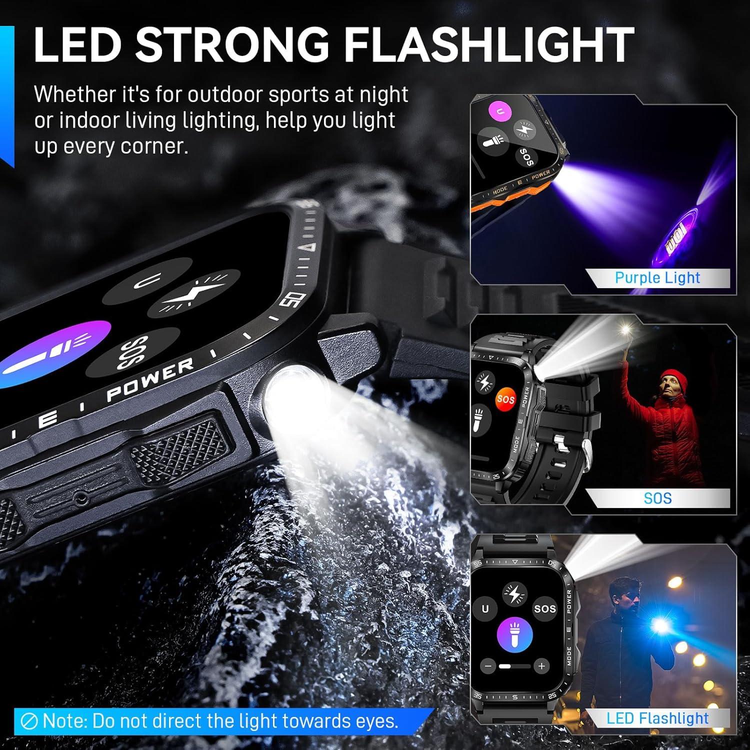 Reloj Inteligente Militar Dealark con Linterna LED 2.0" Negro