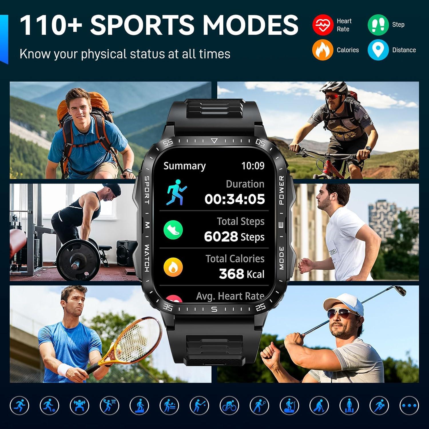 Reloj Inteligente Militar Dealark con Linterna LED 2.0" Negro