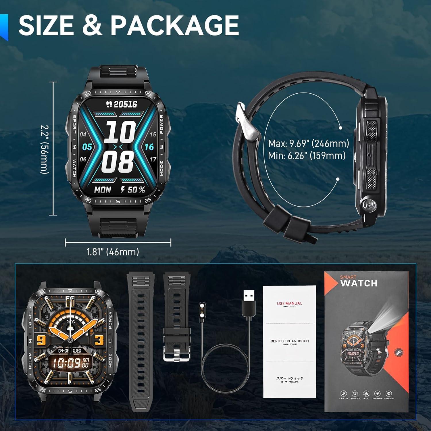 Reloj Inteligente Militar Dealark con Linterna LED 2.0" Negro