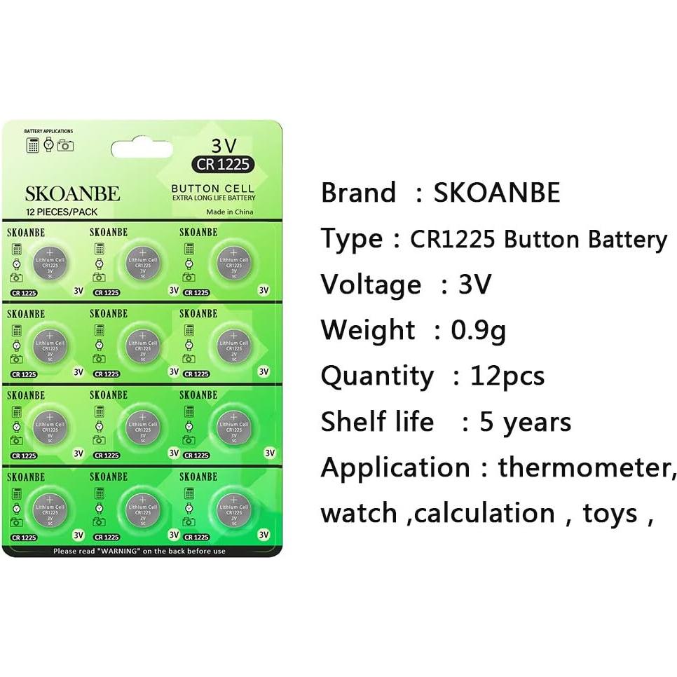 Baterías de Litio SKOANBE CR1225 3V - Paquete de 12 Unidades