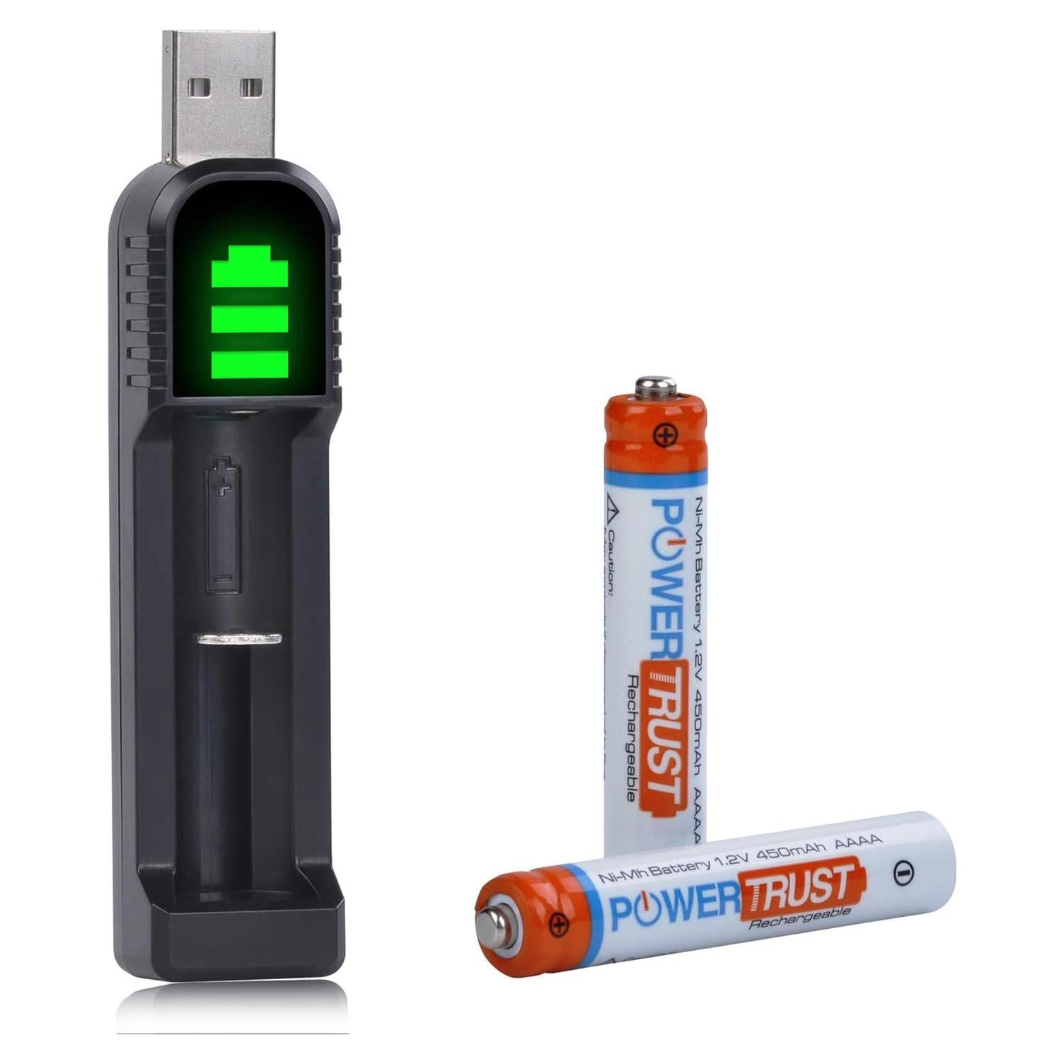 Pack 2 Baterías Recargables AAAA PowerTrust + Cargador LED