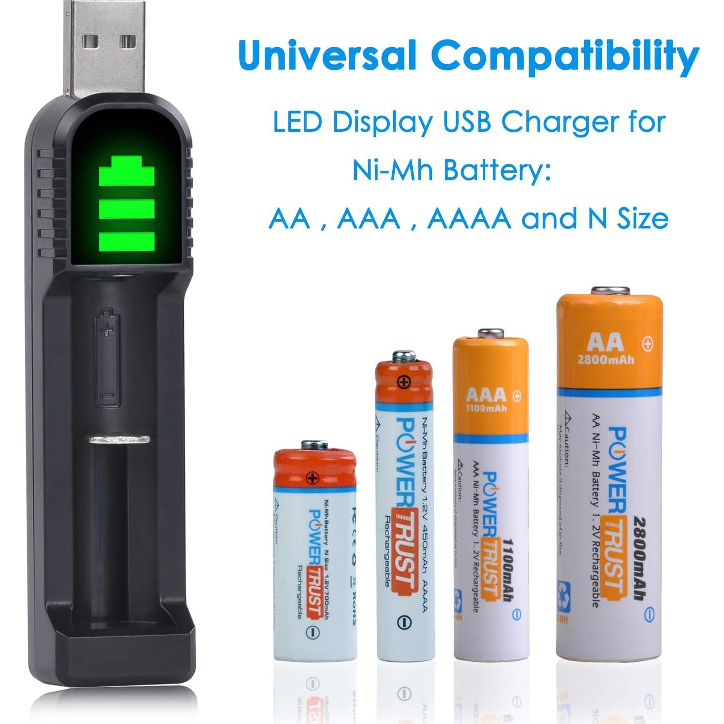 Pack 2 Baterías Recargables AAAA PowerTrust + Cargador LED