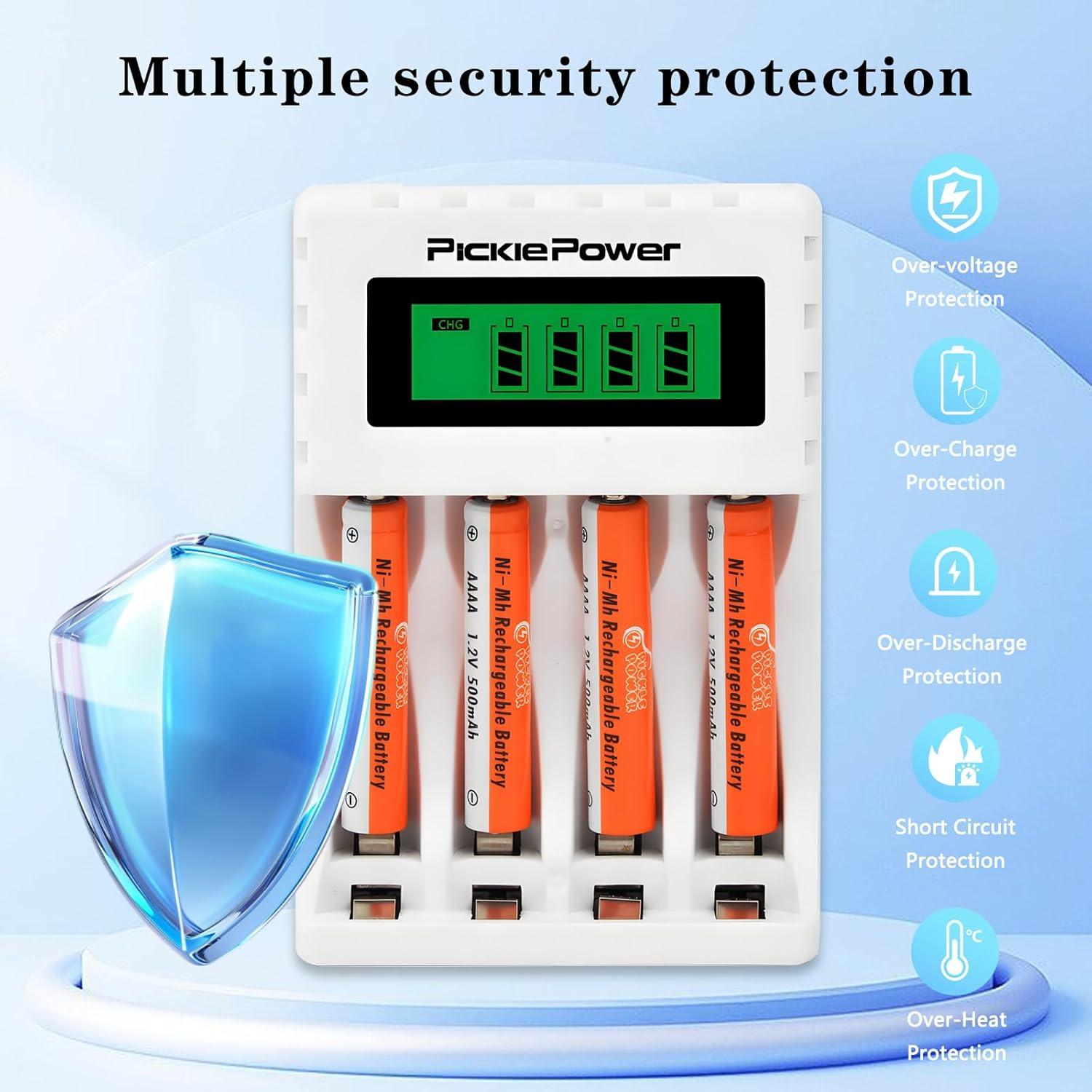 Baterías AAAA Recargables Pickle Power 500mAh + Cargador LCD