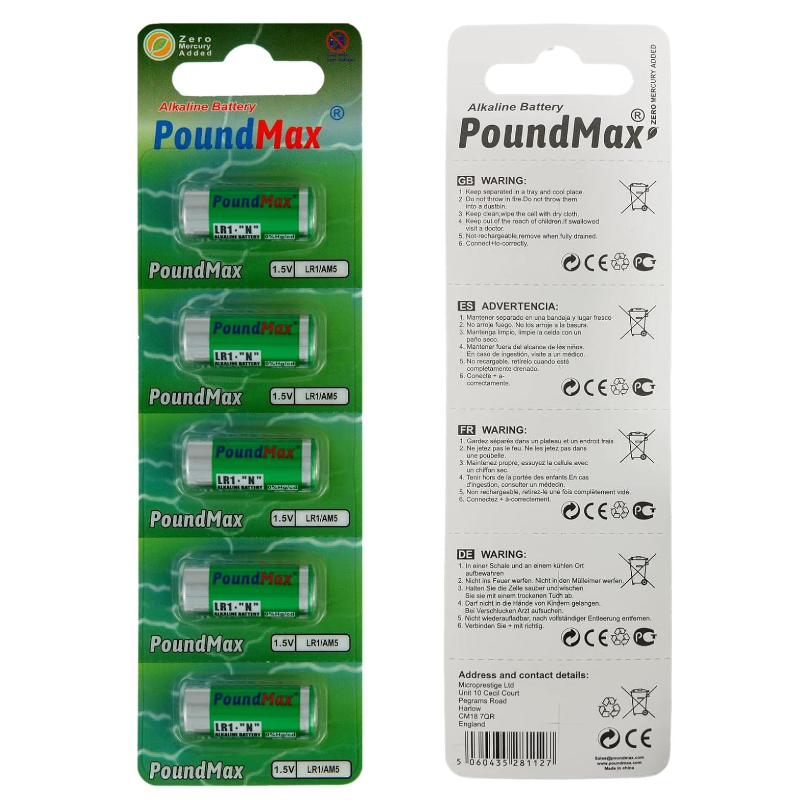Baterías Alcalinas PoundMax 5 x 910A LR1 N Tipo MN9100 1.5V