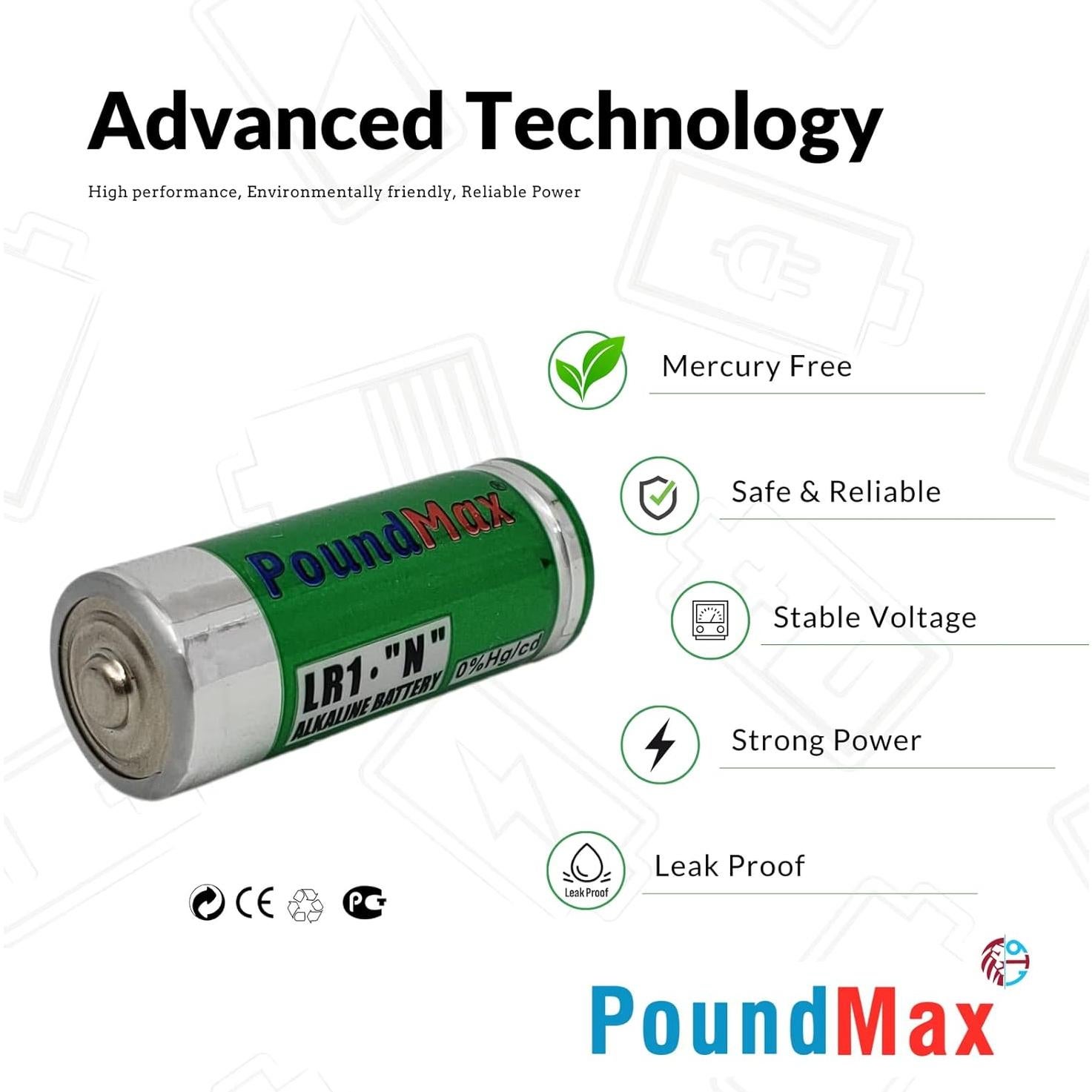 Baterías Alcalinas PoundMax 5 x 910A LR1 N Tipo MN9100 1.5V