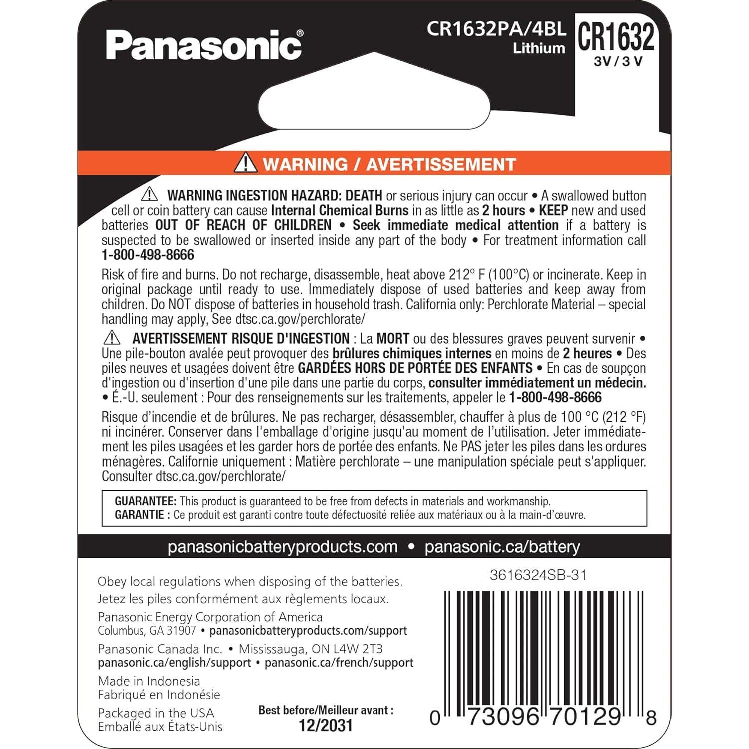 Baterías de botón de litio Panasonic CR1632 3V - Paquete de 4