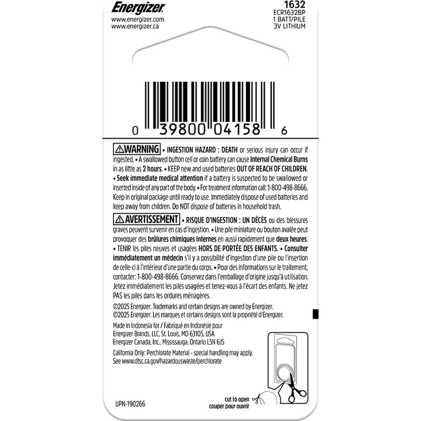 Batería de Moneda de Litio Energizer CR1632 3V - 1 Paquete