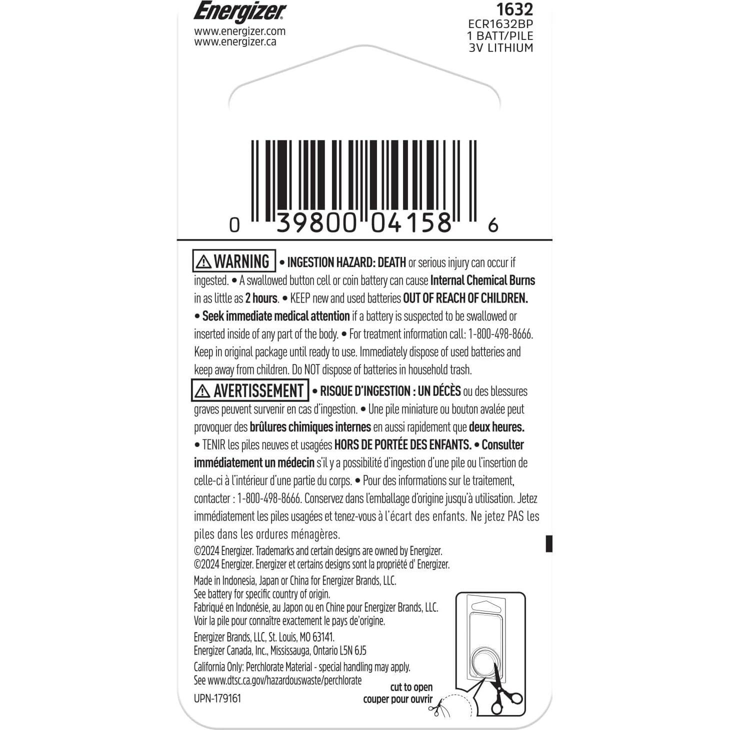 Batería de Moneda de Litio Energizer CR1632 3V - 1 Paquete