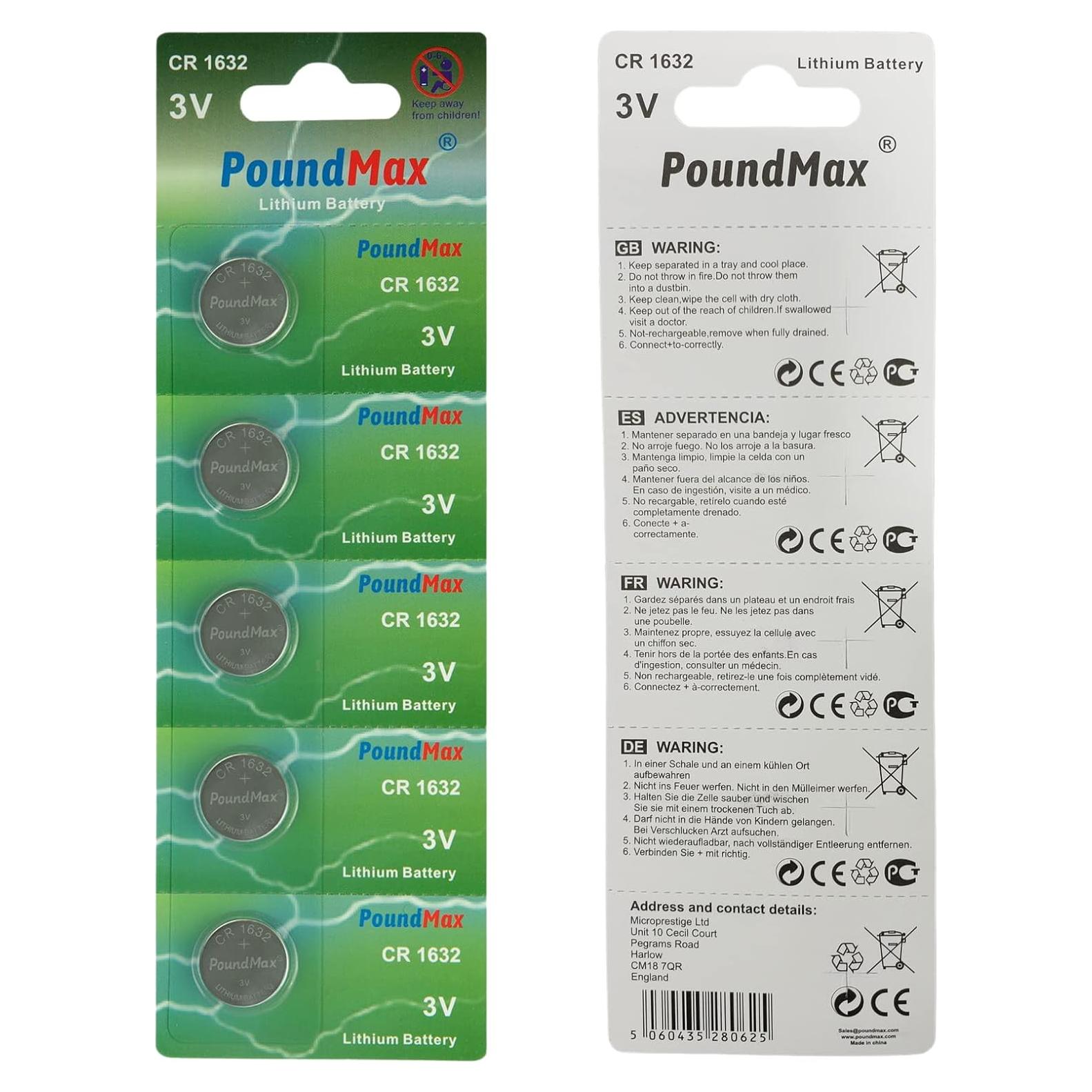 Baterías de Litio 3V PoundMax CR1632 - Paquete de 5 Unidades