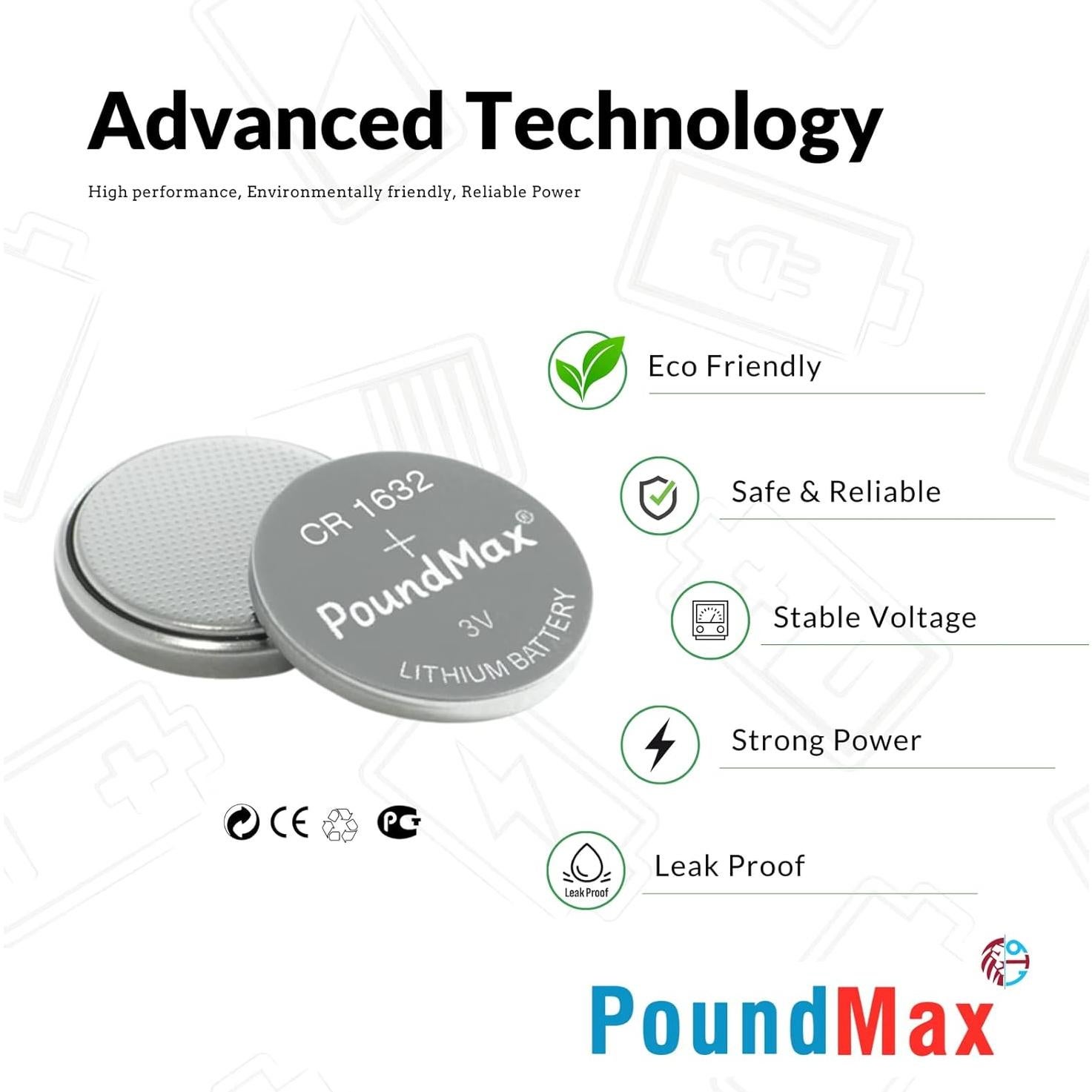 Baterías de Litio 3V PoundMax CR1632 - Paquete de 5 Unidades