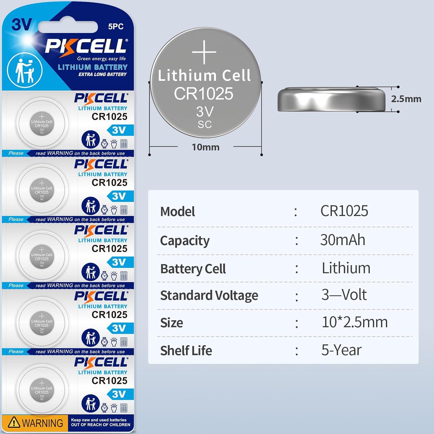 Paquete de 5 Baterías de Litio CR1025 3V PKCELL