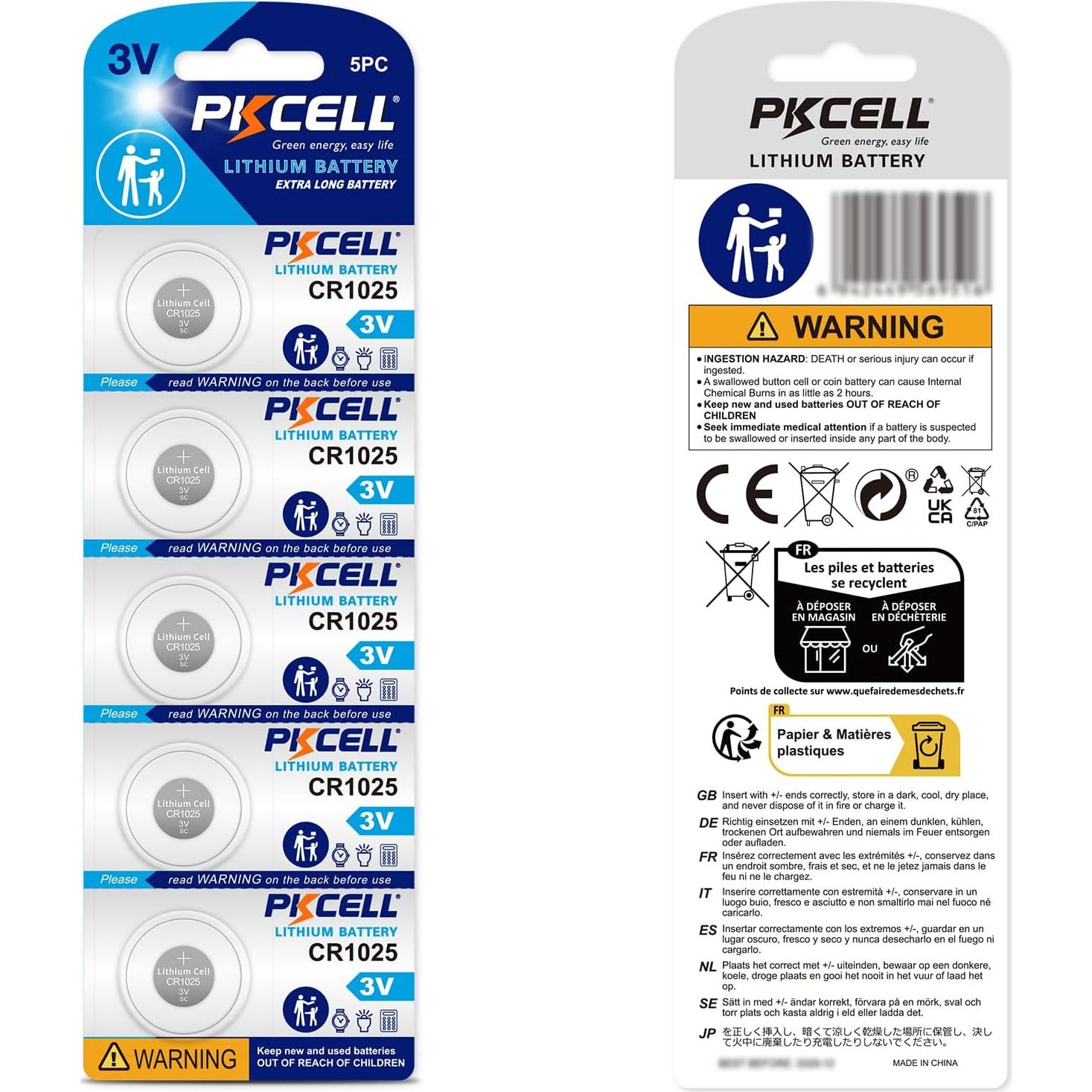 Paquete de 5 Baterías de Litio CR1025 3V PKCELL